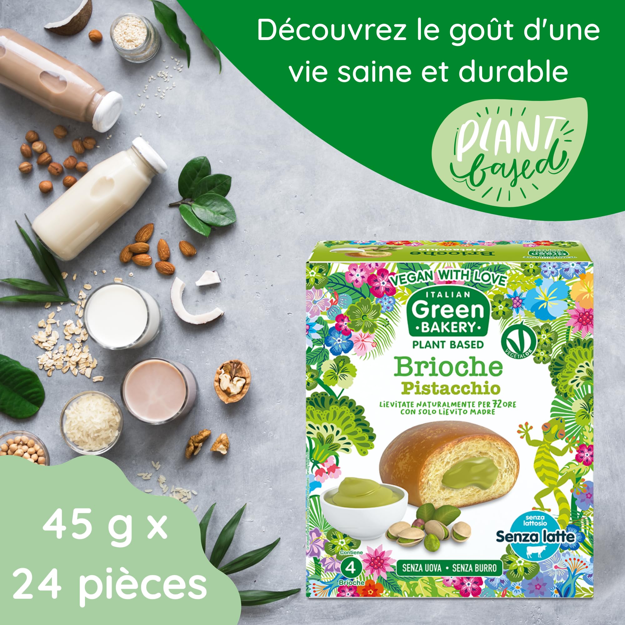 Brioches véganes garnies à la Crème de Pistache, Sans Lait ni Œufs, En-cas artisanaux Plant Based au Levain, 45 g x 24 pcs (6 Paquets) - Vegan With Love Italian Green Bakery