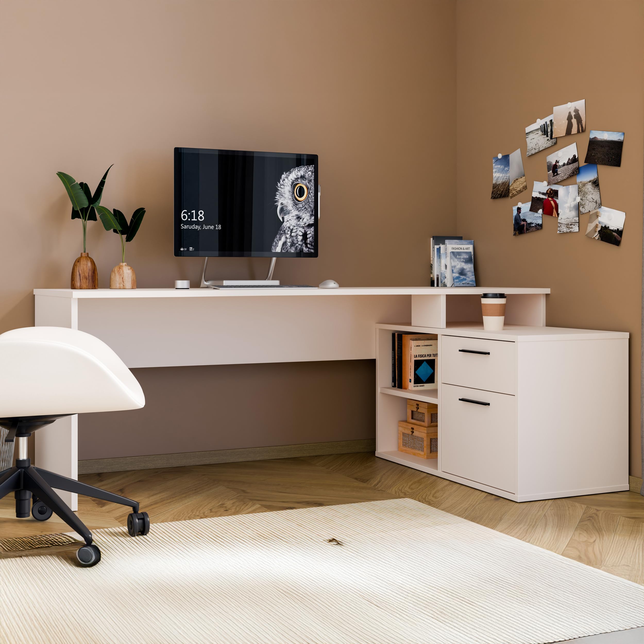 Forte TEZAUR Schreibtisch 200, moderner Schreibtisch in L-Form mit integriertem Schrank, Büro, Jugendzimmer, Holzwerkstoff, Kaschmir Beige, 200 cm breit x 75,7 cm hoch x 121,8 cm tief
