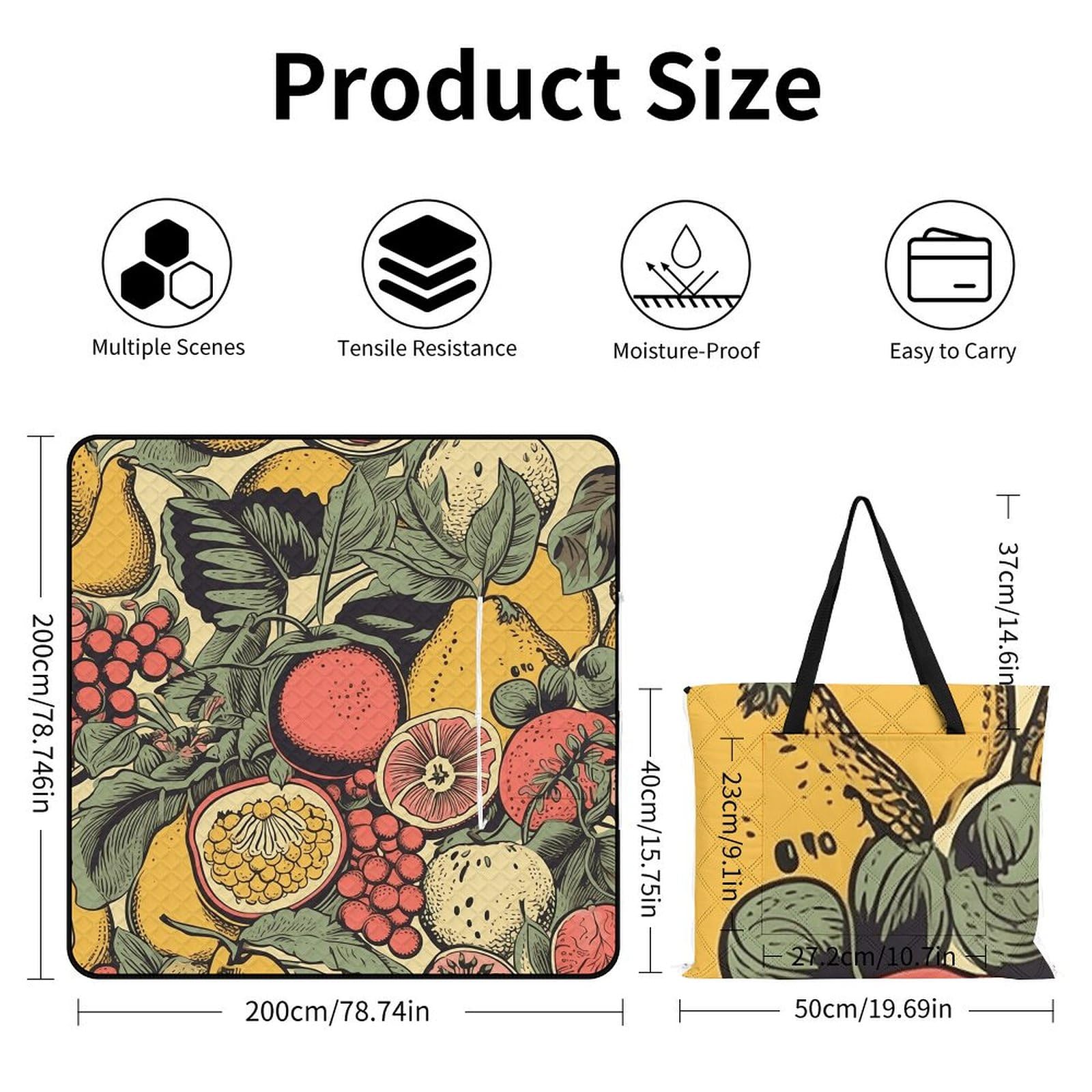 Manta de picnic de frutas y hojas, lavable a máquina, 200 cm x 200 cm, extragrande, impermeable y resistente a la arena, plegable, compacta, para playa, extragrande, para acampar en primavera y verano