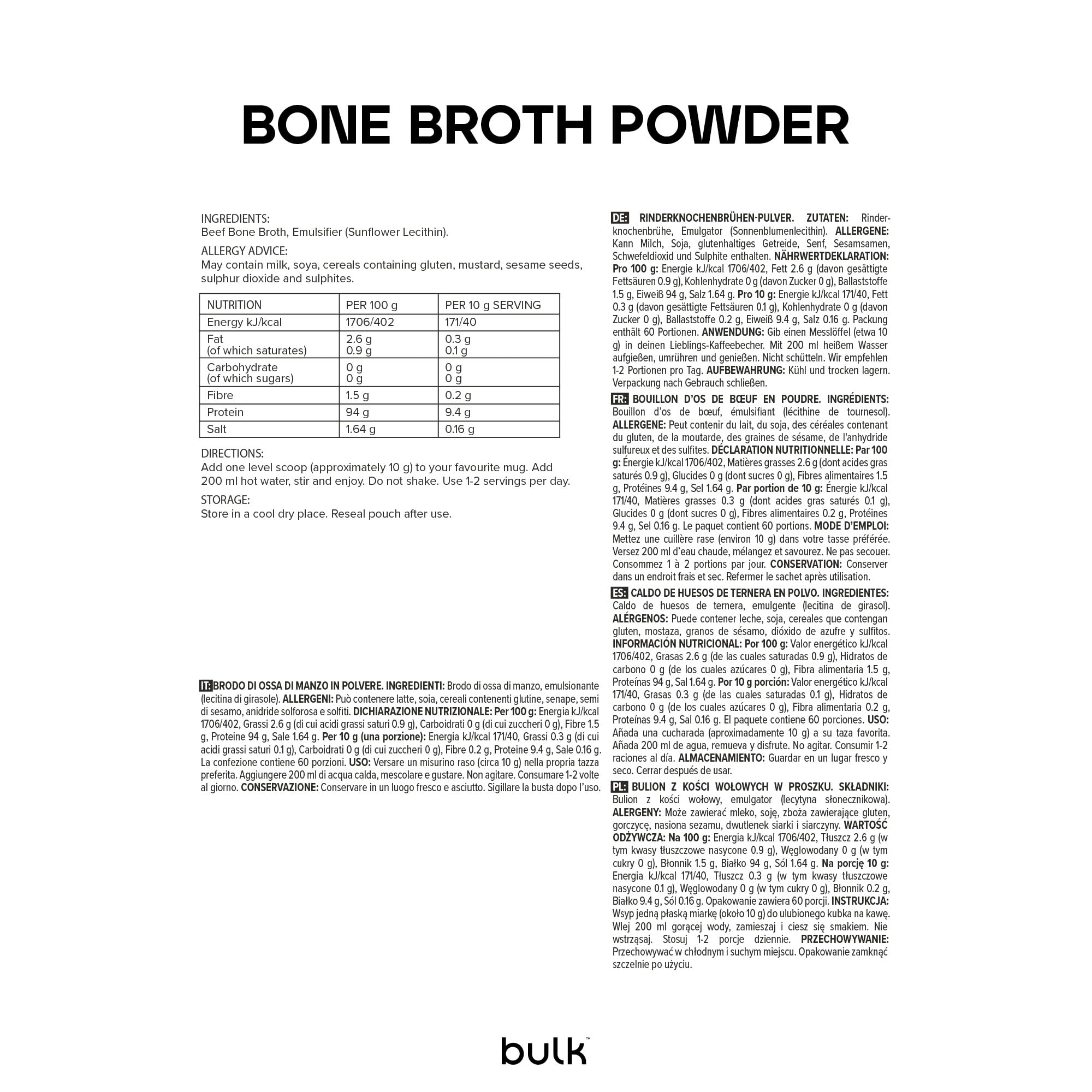 Bulk Bouillon d’os en poudre, Saveur Bœuf, 300 g, 30 portions, 9,4 g de protéines par portion, Collagène & Acides aminés, Favorise la croissance musculaire, Idéal pour soupes, ragoûts & cuisine