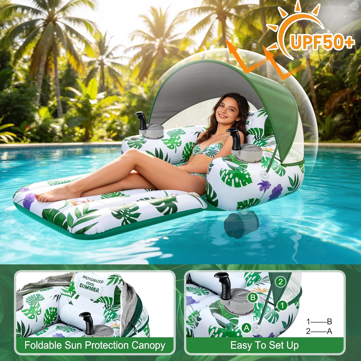 GIGIGO Motorized Pool Float with Canopy, Rechargeable Motorized Floats for Adults with Dual Motors, Lake Lounger Adult Size with Cup Holder for Parties, Vacations & Relaxation