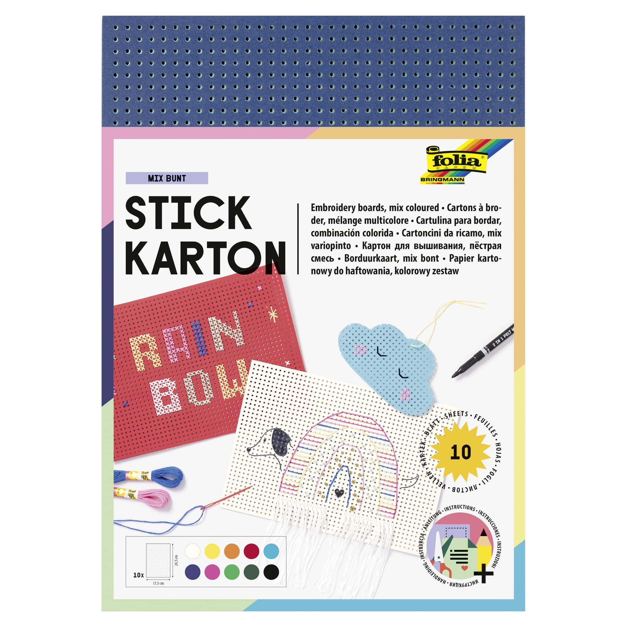 folia 2346 Cardboard, 17.5 x 24.5 cm, 10 Sheets, Assorted Colours, unprinted Instructions (English Language not), Ideal for First Embroidery Exercises for Children