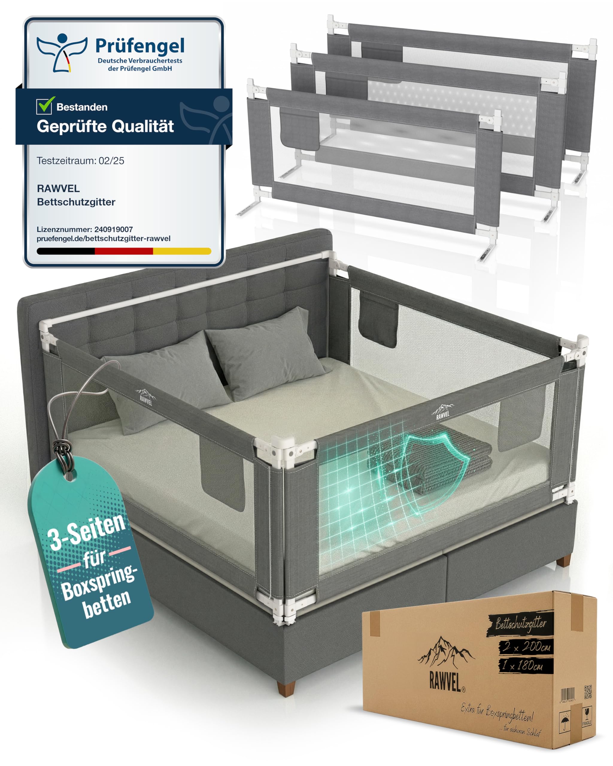 RAWVEL® Bettgitter Rausfallschutz Boxspringbett [3 Seiten Komplett Set + Stange] Rausfallschutz Bett - Bettschutzgitter Boxspringbett & Elternbett