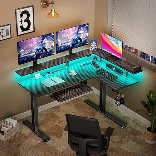 Miniatura 2 de Rolanstar Escritorio de pie en forma de L con luz LED y toma de corriente, escritorio eléctrico de pie ajustable con altura de motor doble con