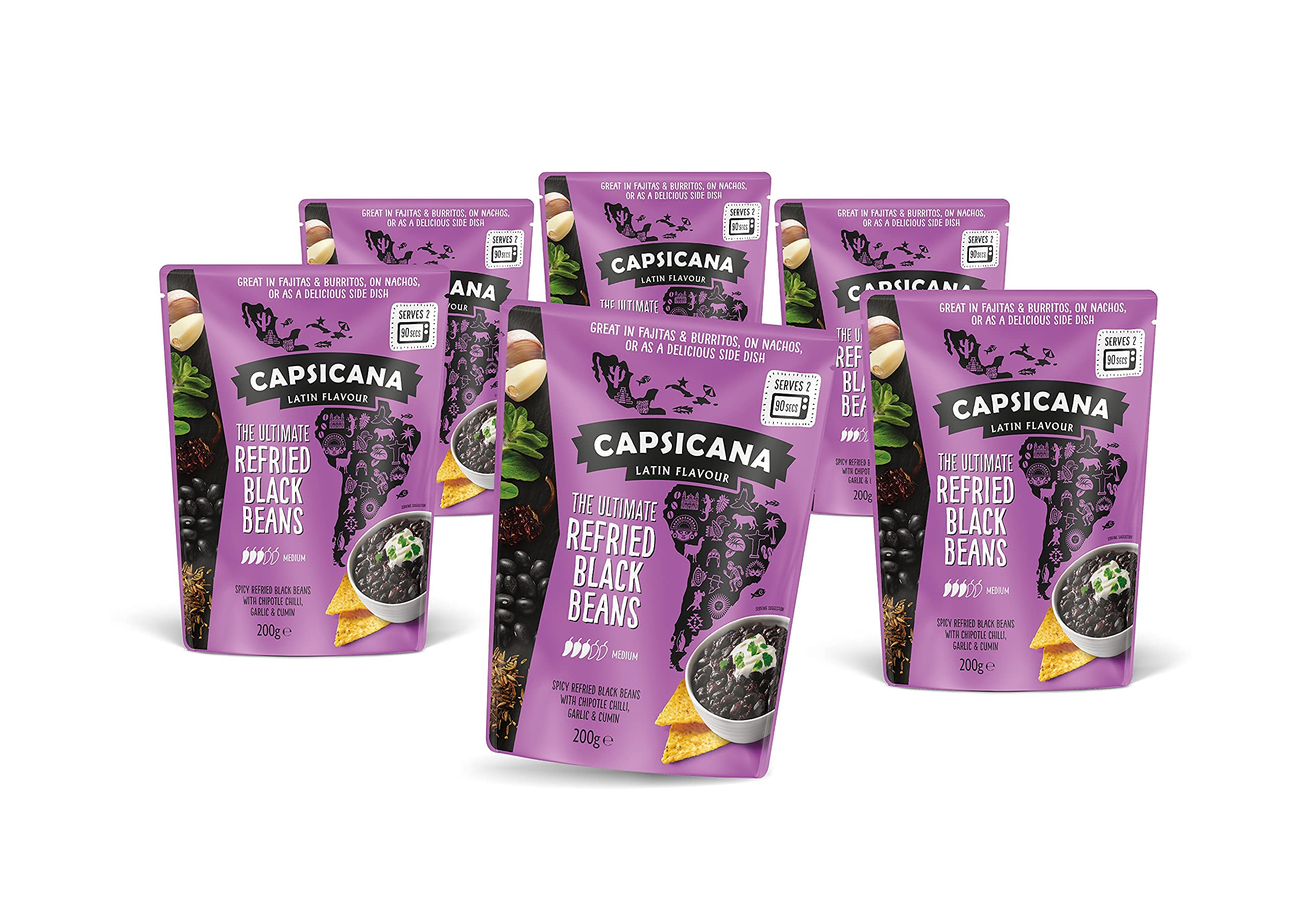 Capsicana – The Ultimate Refried Black Beans, 200g x 6 Pouches, Vegan, Medium, Mexican Side Dish