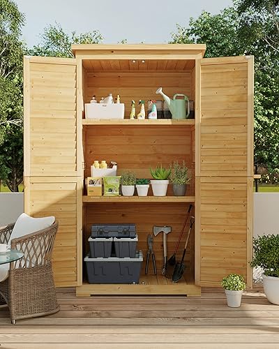 Vista 2 de Gizoon Outdoor Storage Cabinet with 3 Shelves, Double Lockable Wooden Garden Shed with Waterproof Roof, Outside Vertical Tall Tool Shed for Yard