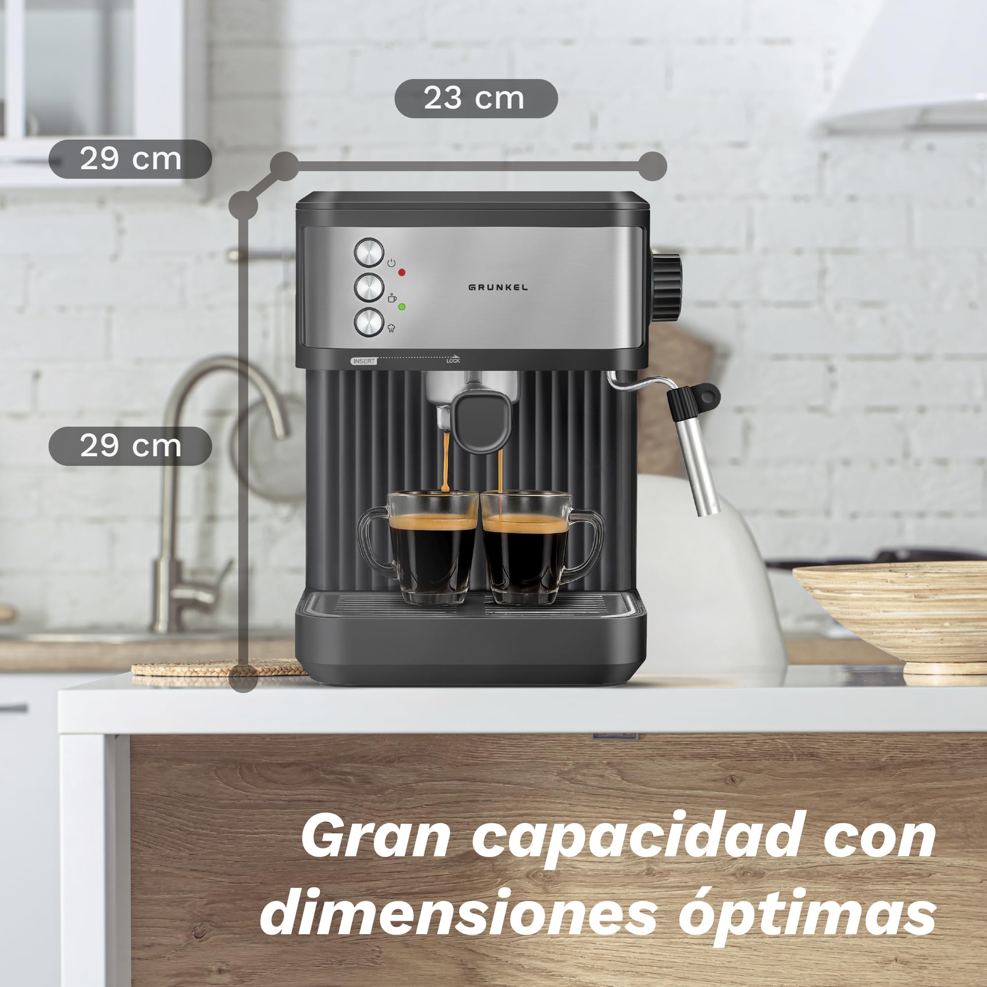 Grunkel Cafetera Espresso de 20 Bares, 850W, Panel Táctil/analogico con vaporizador orientable y brazo doble salida Depósito 1,8L (Analógica)