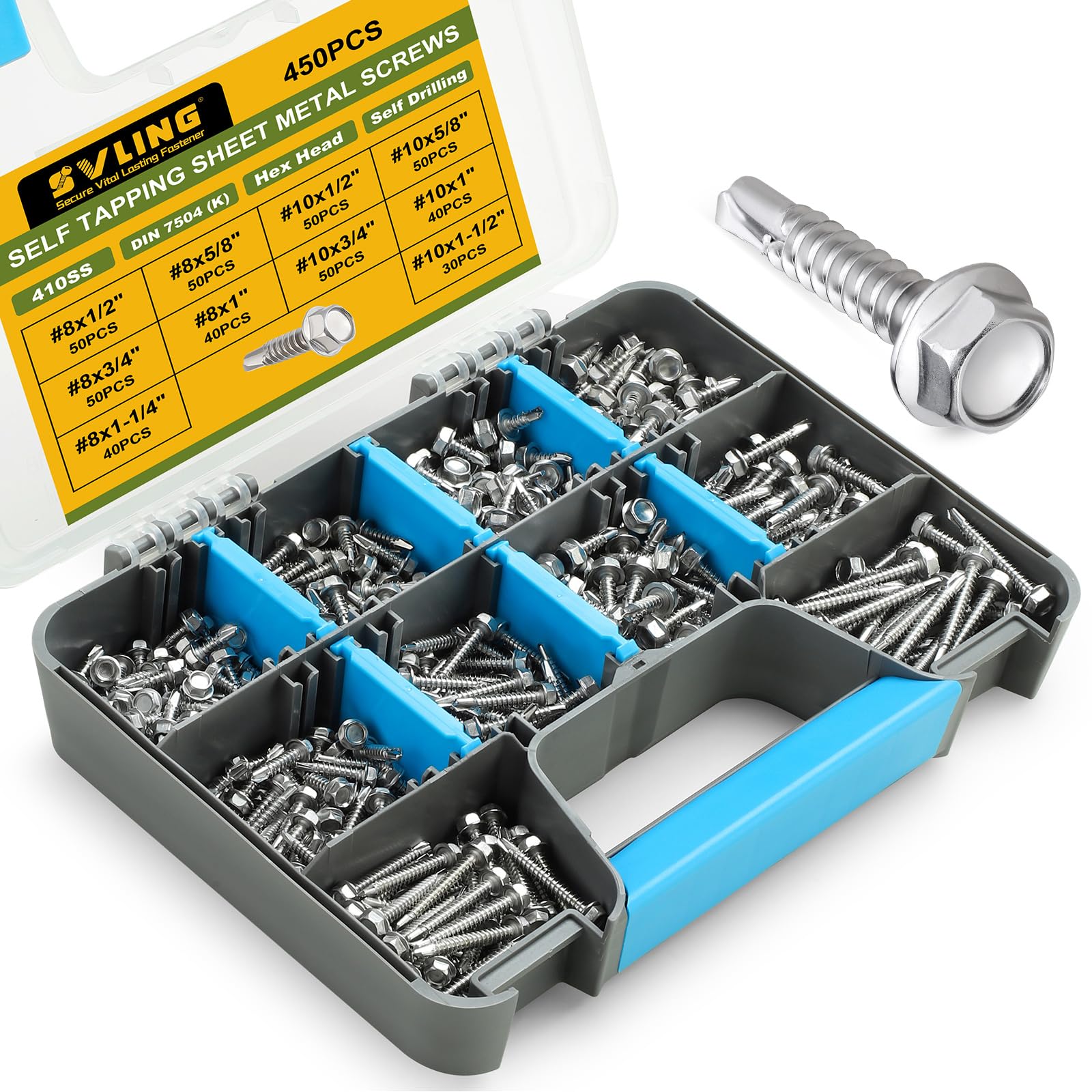 Selbstschneidende Schrauben-Sortiment, 450 Stück, Edelstahl 410, selbstbohrende Schrauben für Metall, #8#10, 1/2 Zoll, 5/8 Zoll, 3/4 Zoll, 1 1/4 Zoll, 1-1/2 Zoll
