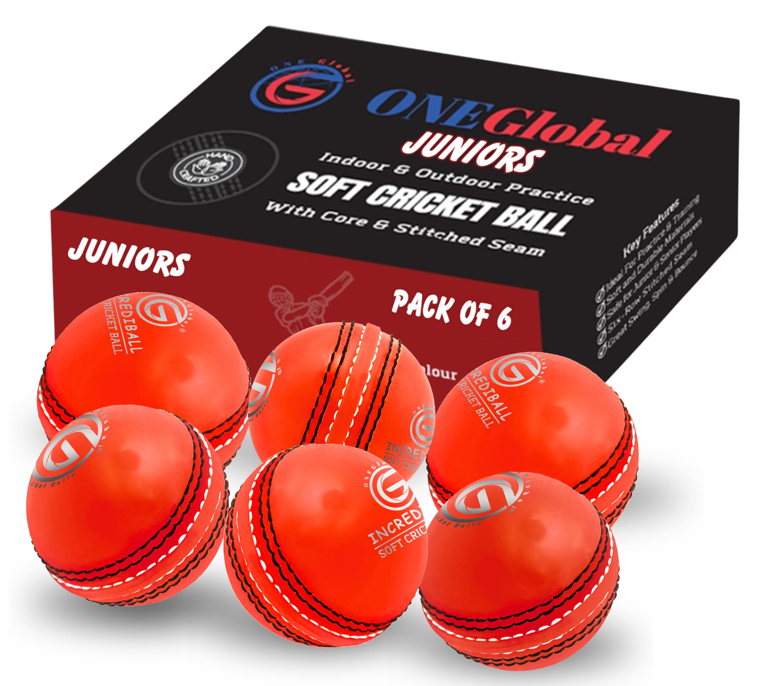 ONEGlobal Incrediball Junior Soft Practice Cricket Ball | Outdoor & Indoor Rubber Cricket Ball With Core & Stitched Seam | For Practice, Training & Family Fun | Senior & Junior Size (6 Orange, Junior)