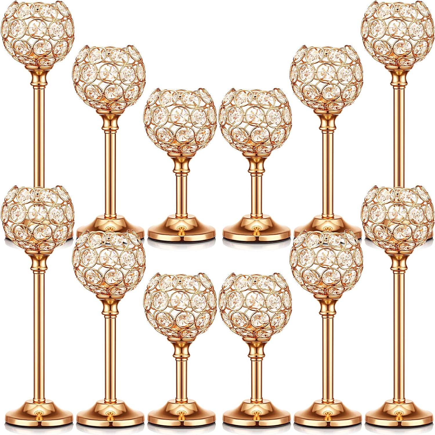Mimorou 12 Pack Crystal Candle Holders Gold or Silver Candle Holders Bulk Tealight Candlestick Crystal Candelabras for Wedding Party Valentine Christmas Dining Table Centerpieces Decoration (Gold)