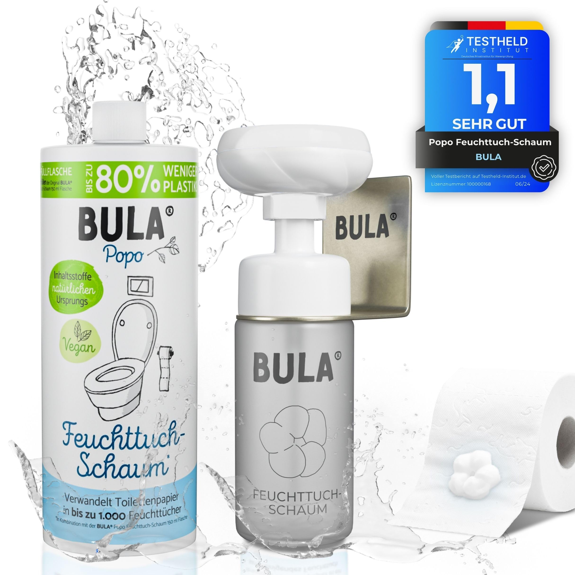 BULA® Popo - Juego de botellas de cristal ecológicas con diseño de botella de cristal (vacía) + botella de recambio + bomba de espuma de flores con soporte | alternativa sostenible para toallitas