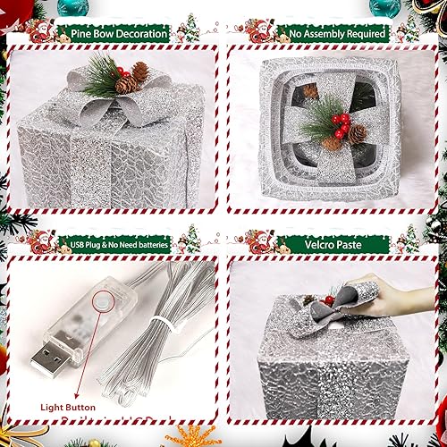 Miniatura 5 de Cajas de regalo iluminadas de Navidad, 80 luces LED grandes de 8.6 a 7 a 6.3 pulgadas, color plateado, caja de regalo debajo del árbol de Navidad