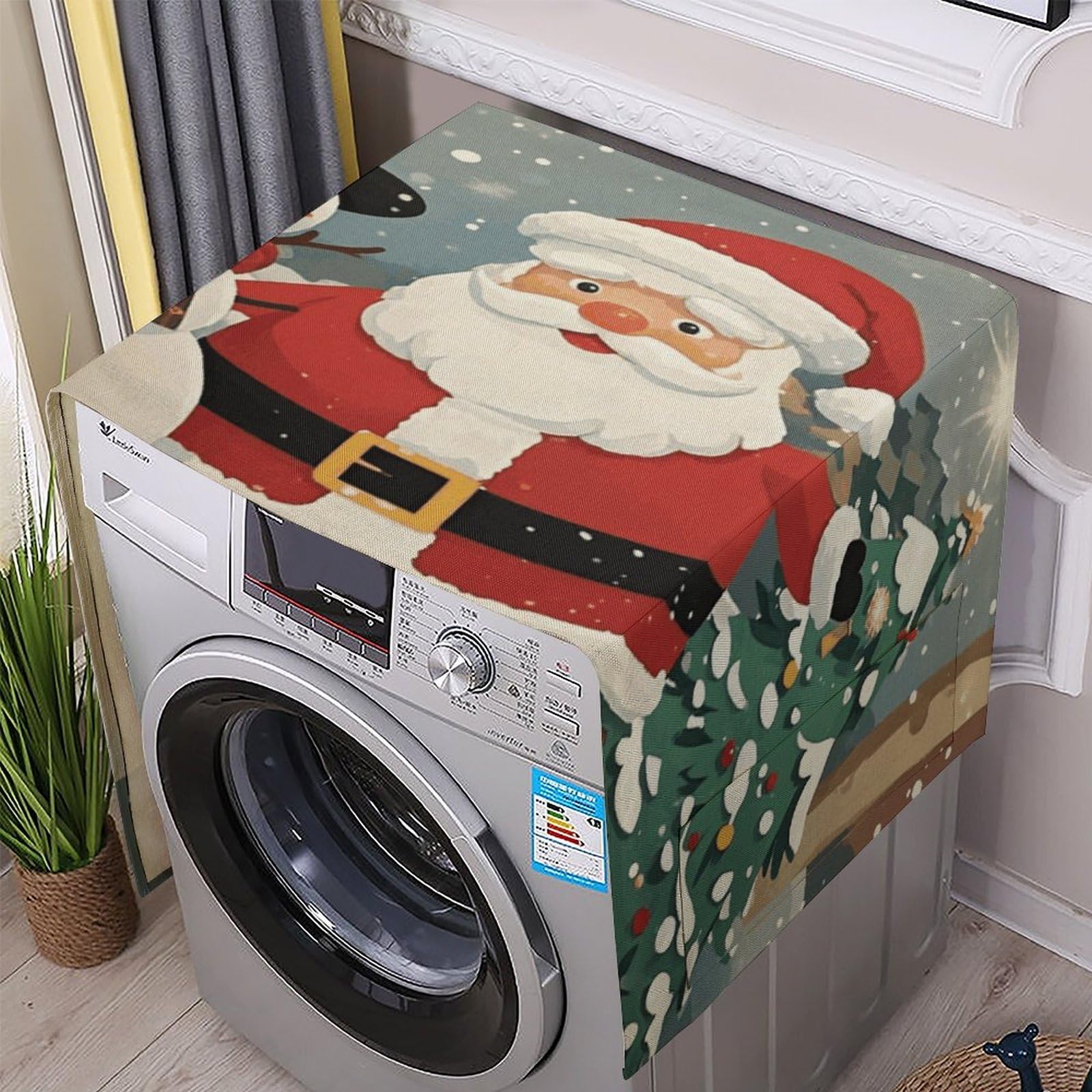 Fodpand White Washing Machine Cover For Top Load Dustproof Santa Claus Snowman Washer And Dryer Cover With Storage Pockets Household Appliance Covers Washable Top Protector Mat Pad For Laundry & Kitchen