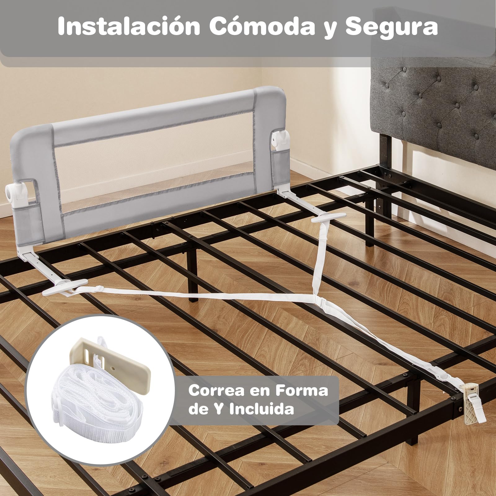 GOPLUS Barandilla Plegable para Cama de Niños Pequeños, Barandilla de Cama para Bebé Abatible con Tela Oxford de Malla, Anclaje, Protector de Seguridad para Cama de Tamaño Gemelo, Queen (Gris Claro)