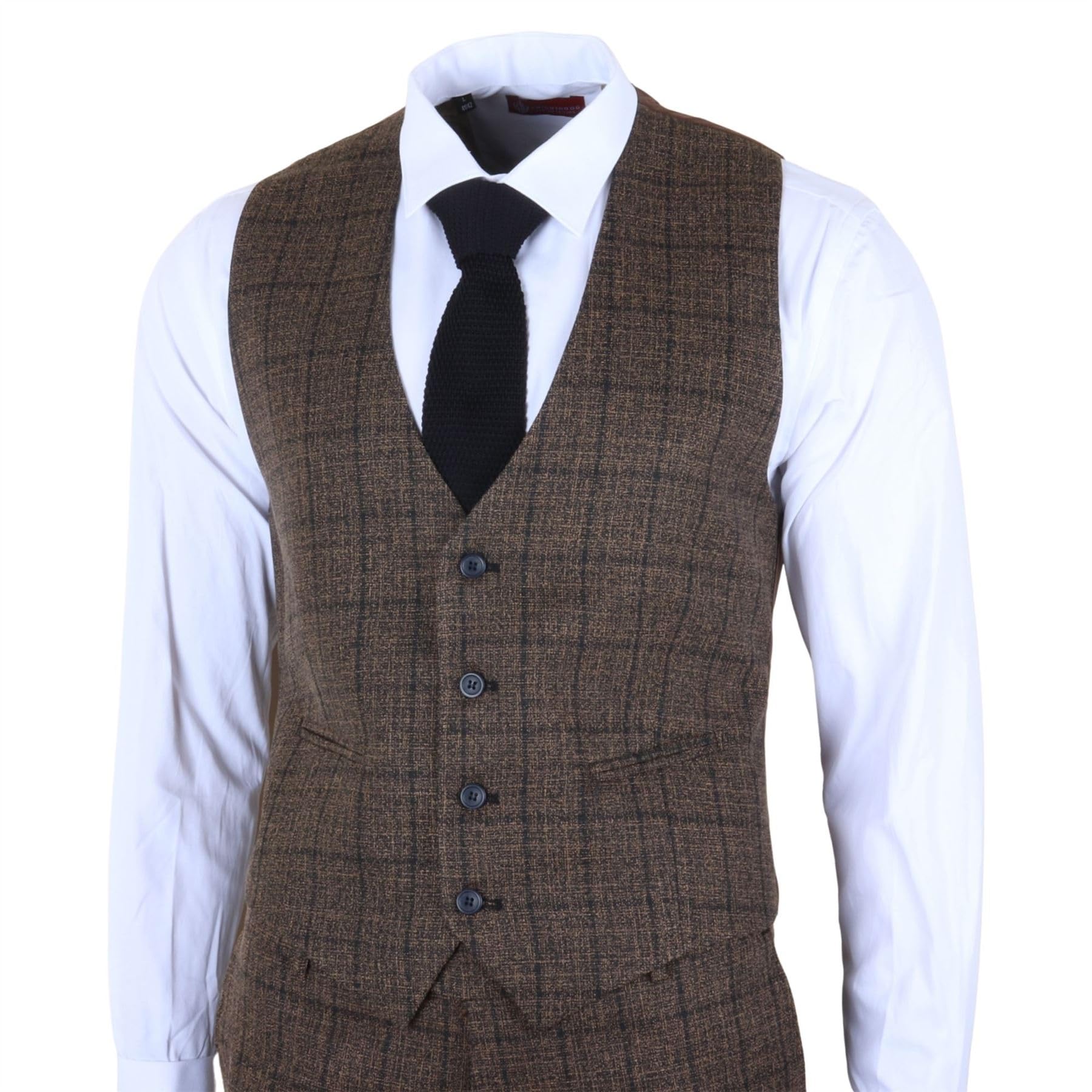 Traje de vestir formal de 3 piezas a cuadros para hombre, color marrón oscuro