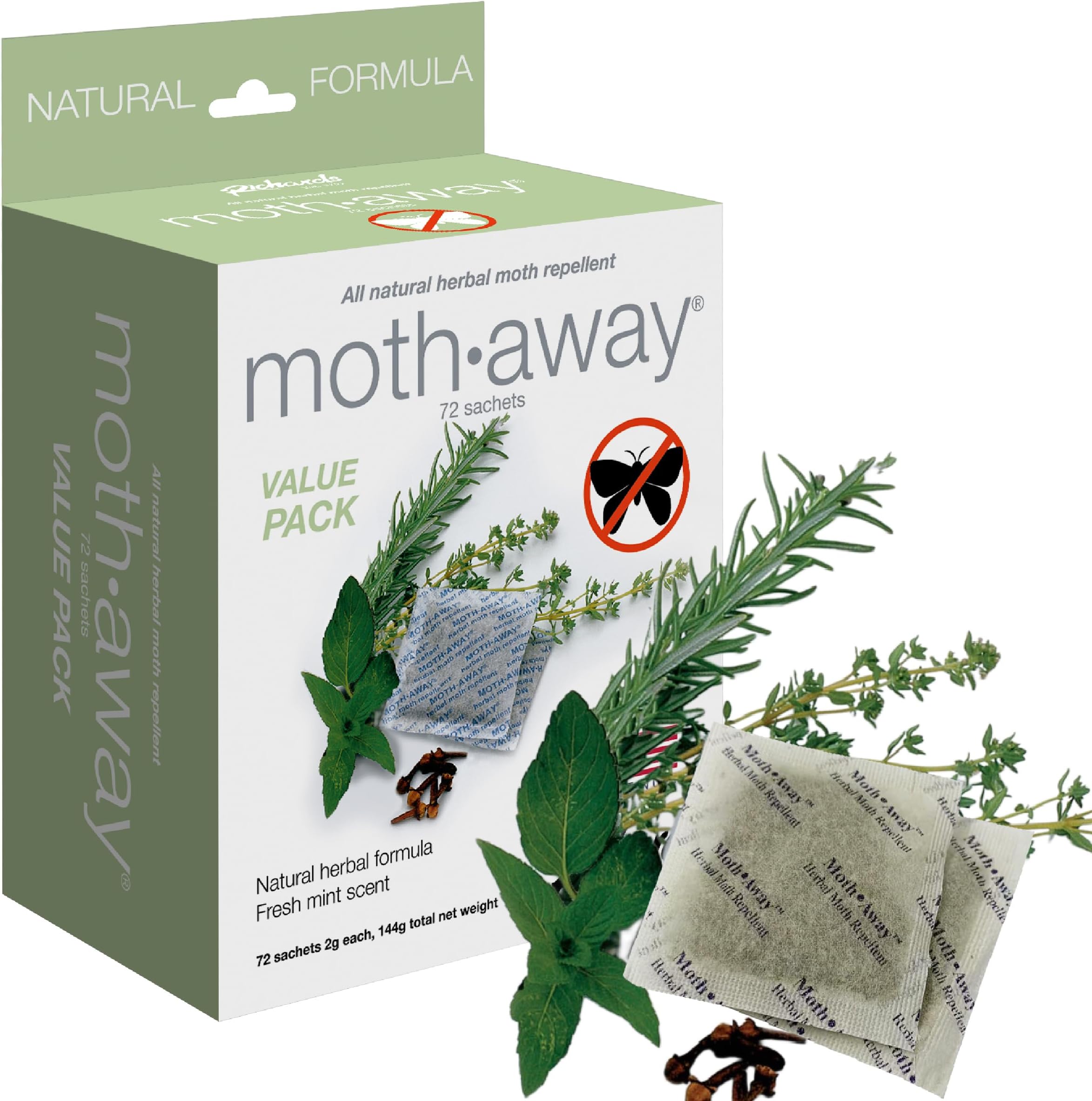 Moth Away Herbal Repellent Sachets – 72 Count Value Pack – 100% Natural Ingredients – Peppermint, Rosemary & Thyme – Non-Toxic Moth Protection for Closets, Drawers & Storage – Made in USA