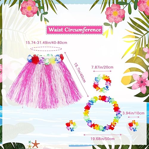 Miniatura 2 de Fortuning's JDS Falda hawaiana de hierba hula para niña, con flores elásticas a juego, juego de disfraz para fiesta de playa tropical Luau