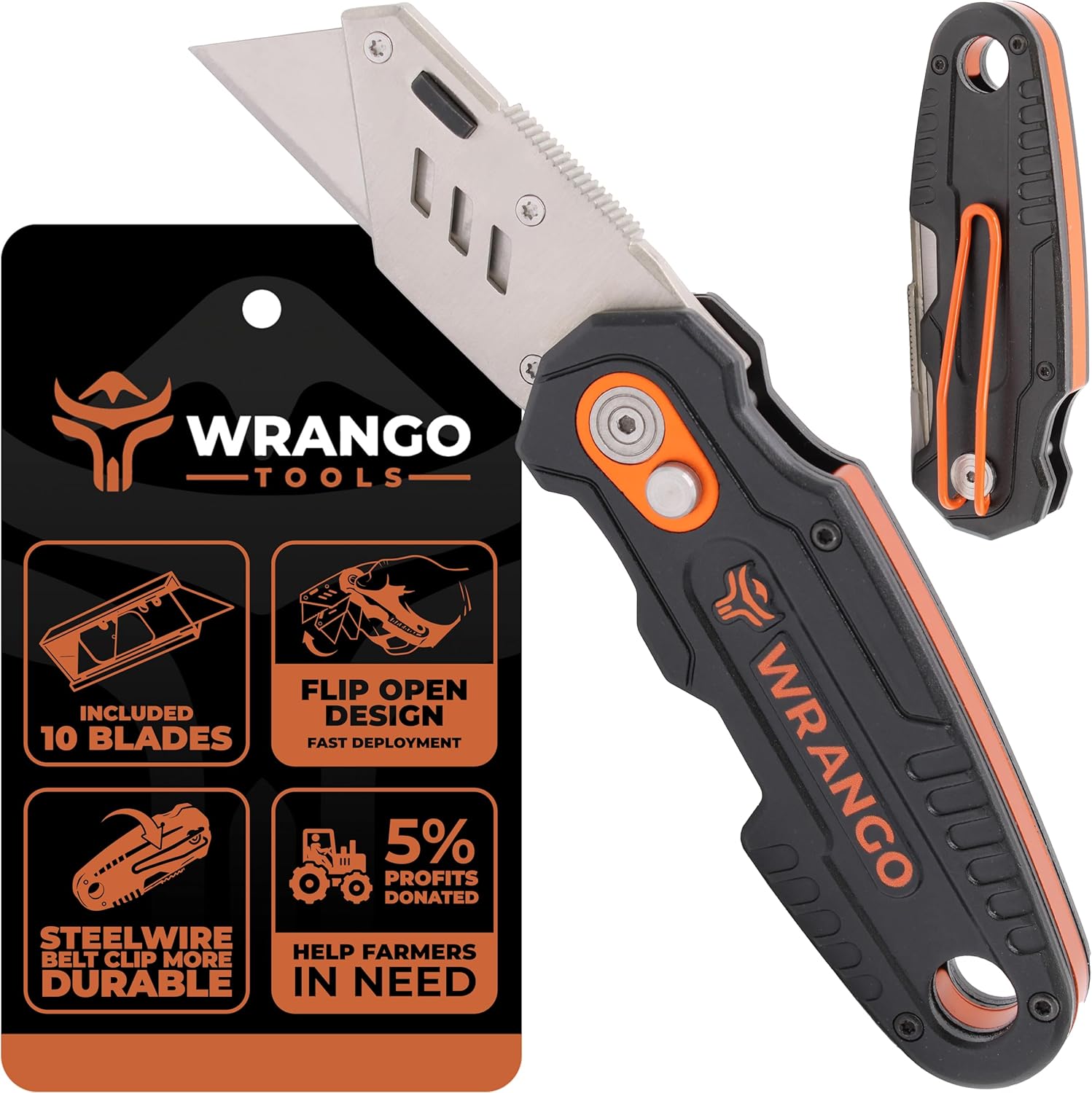 WRANGO TOOLS Folding Utility Knife - Flip Open Design - Heavy Duty Fixed Folding With 10 Blades, Blade Dispenser, Thumb Rest & Belt Clip - Work Knife For Carpenters