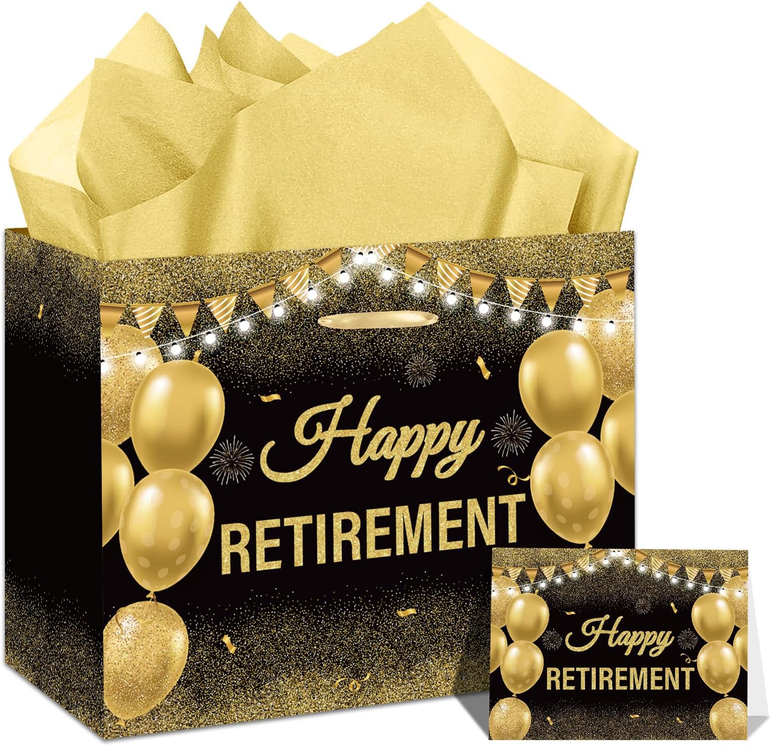 Retirement Gift Bag with Tissue Paper Set Large Black Gold Happy Retirement Wrapping Gift Bag and Greeting Card for Men Women Office Coworker Farewell Going Away Party Favors Wrap Bags Supplies