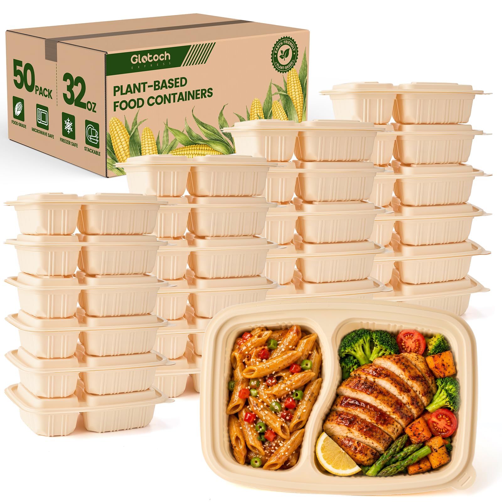 Photo 1 of 100 Piece (50 Pack) Meal Prep Containers Reusable - 2 Compartment 32 oz Cornstarch Snack Containers with Lids - Plastic Food Storage Salad Containers - To Go Lunch Box - Microwave & Freezer Safe
