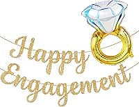 Vista 1 de KatchOn, Gold Glitter Happy Engagement Banner With Diamond Ring Balloon - Pack of 2 Happy Engagement Party Banner Engagement Ring Balloons