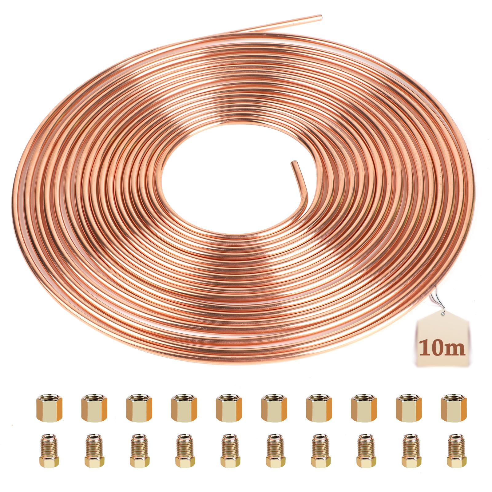LALAGO Tubo di Freno in Rame, 10m Ø3/16" (4,75mm), con 20 Dadi, Linea del Freno in Acciaio con Rame, Tubo in Acciaio Rivestito in Rame per Tubo di Freno, Kit di Linee Freno Generale per Automobile