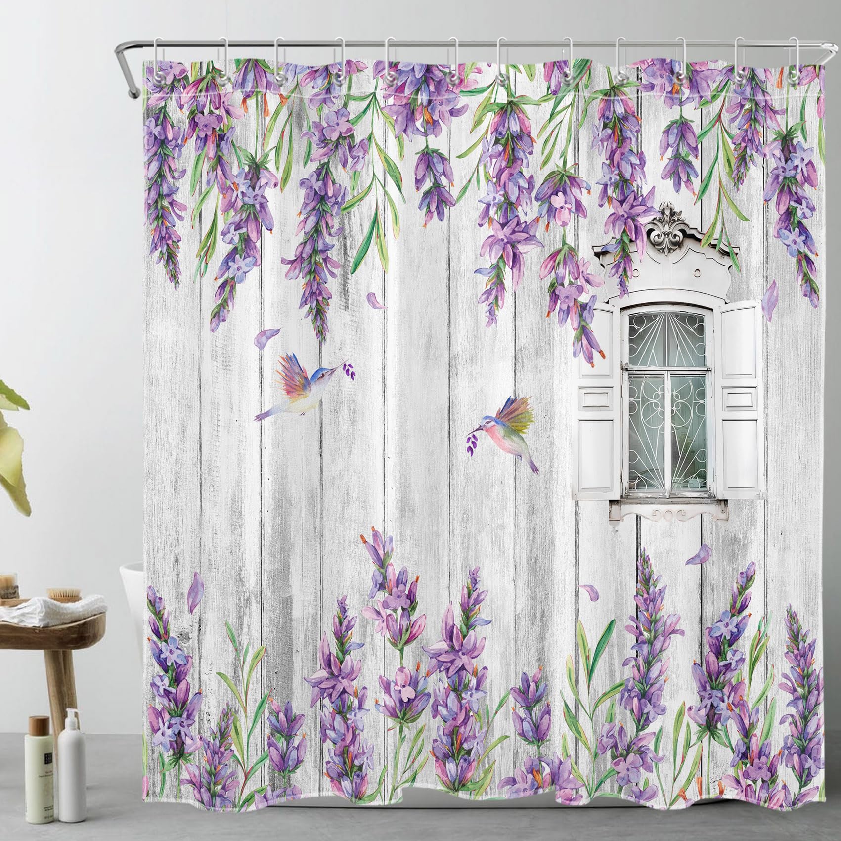 EOBTAIN Lavender Floral Shower Curtain Purple Flower and Hummingbird on Vintage Rustic Wood with Window Shower Curtain with 12 Hooks Farmhouse Plant Bathroom Curtains Shower Set Decor 72x72 Inch