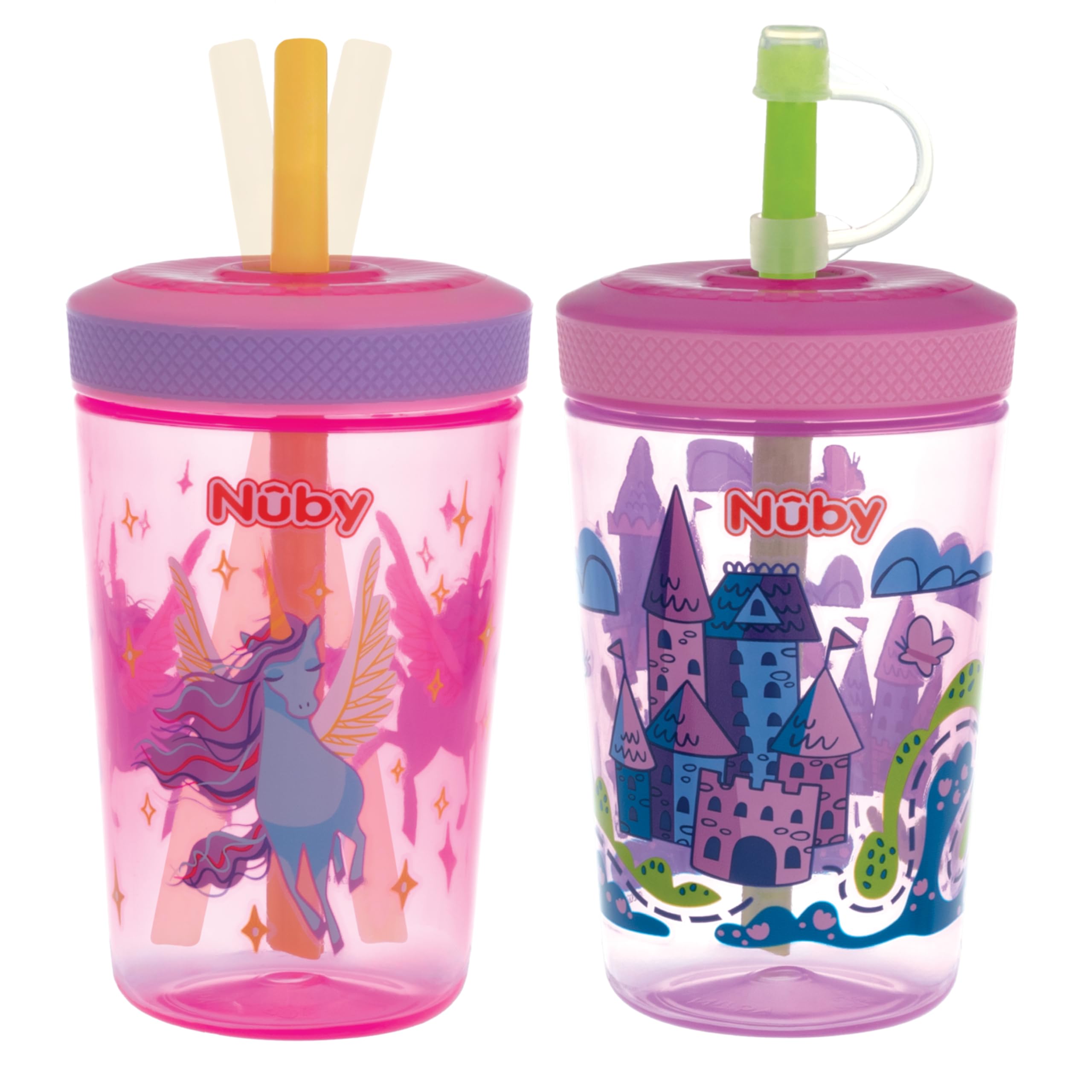 Nuby Thirsty Kids Super Sipper – 14oz No-Spill Toddler Cup with 360° Silicone Valve & Swivel Straw – Leak-Resistant, Durable, Easy-Clean Design – 2 pk - Girls
