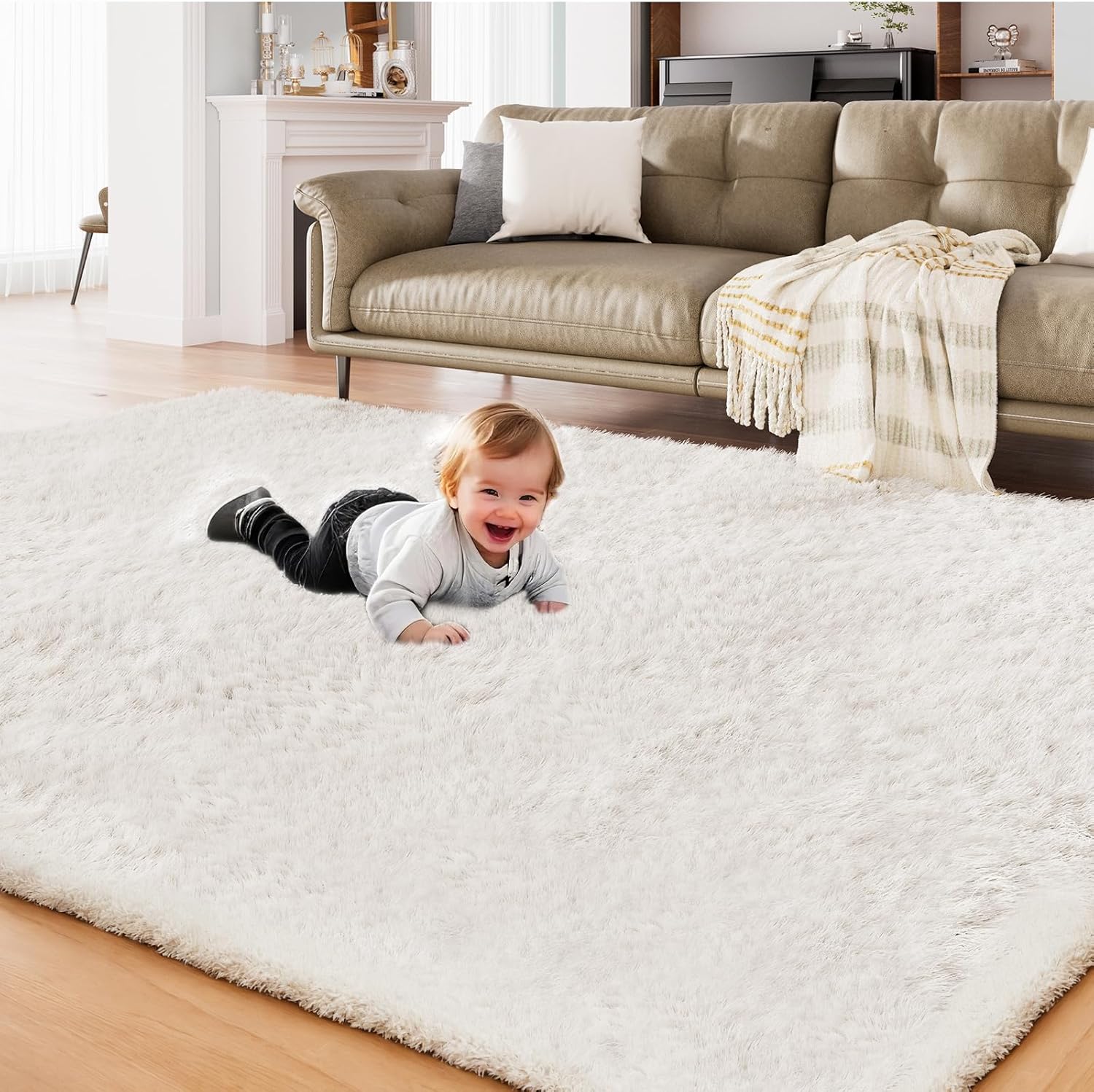 AMTOVO Shag Area Rugs for Living Room, 8X10 White Large Fluffy Clearance Rug Throw Bedroom Carpet, Indoor Modern Fuzzy Nursery Shag Rugs for Kids and Playroom 8' x 10' (Rectangular) White