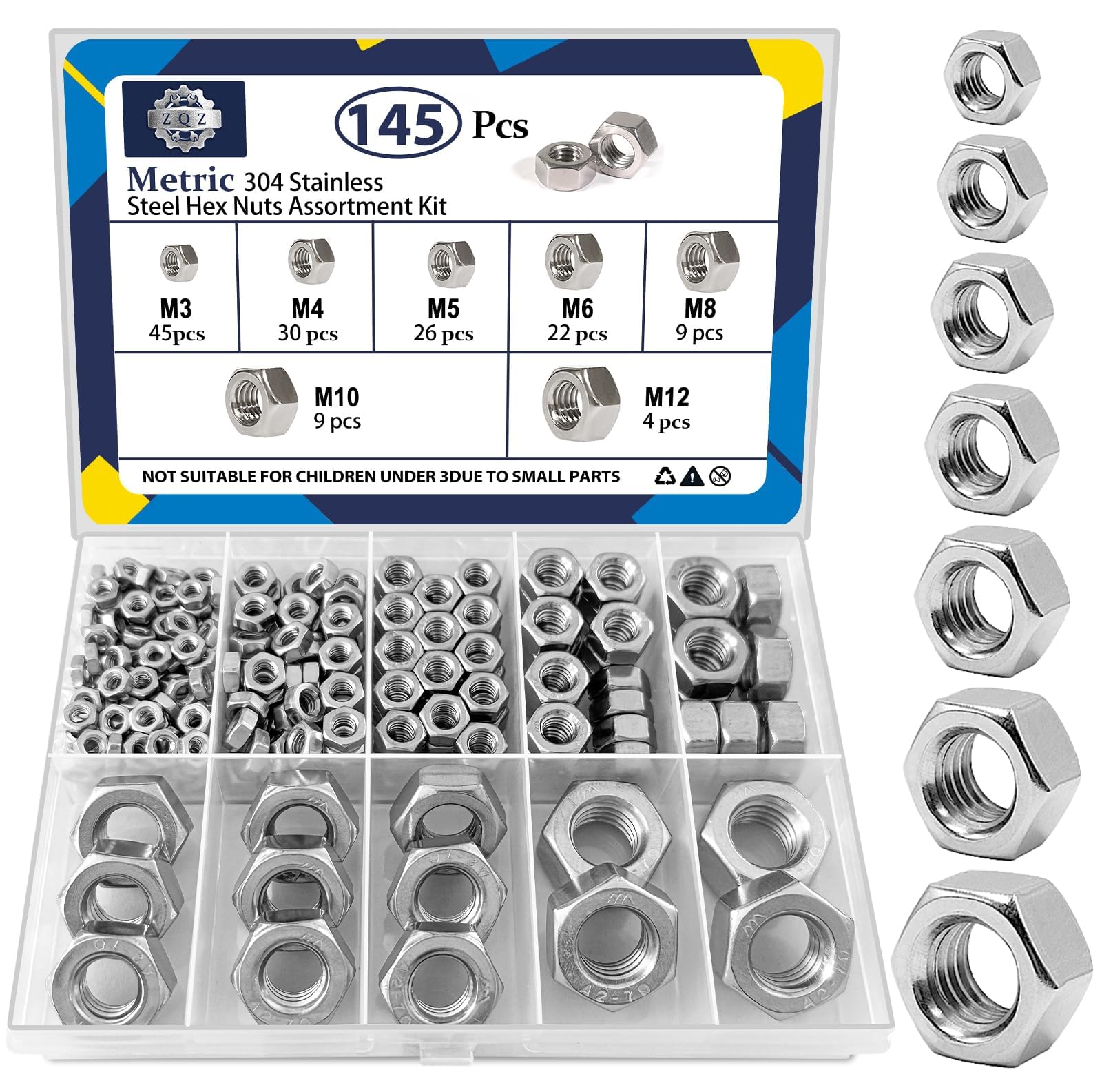 ZQZ 145 PCS Assorted Stainless Steel Hex Nuts Assortment Kit M3 M4 M5 M6 M8 M10 M12 Metric Hex Nut Set Hardware
