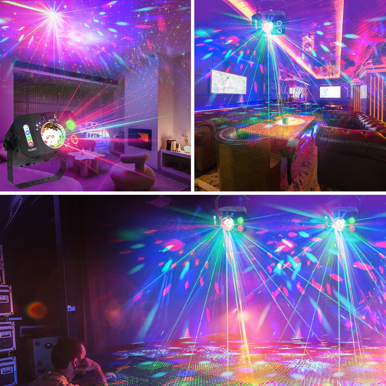 Lampe de Scène, Fwiull Lumière Disco à 7 Yeux avec Télécommande et Stroboscope, Boule Disco Grand Angle Contrôle de la Musique, Divers Effets RGBW Lumiere Soirée avec 2M USB pour Halloween, Fête, Noël