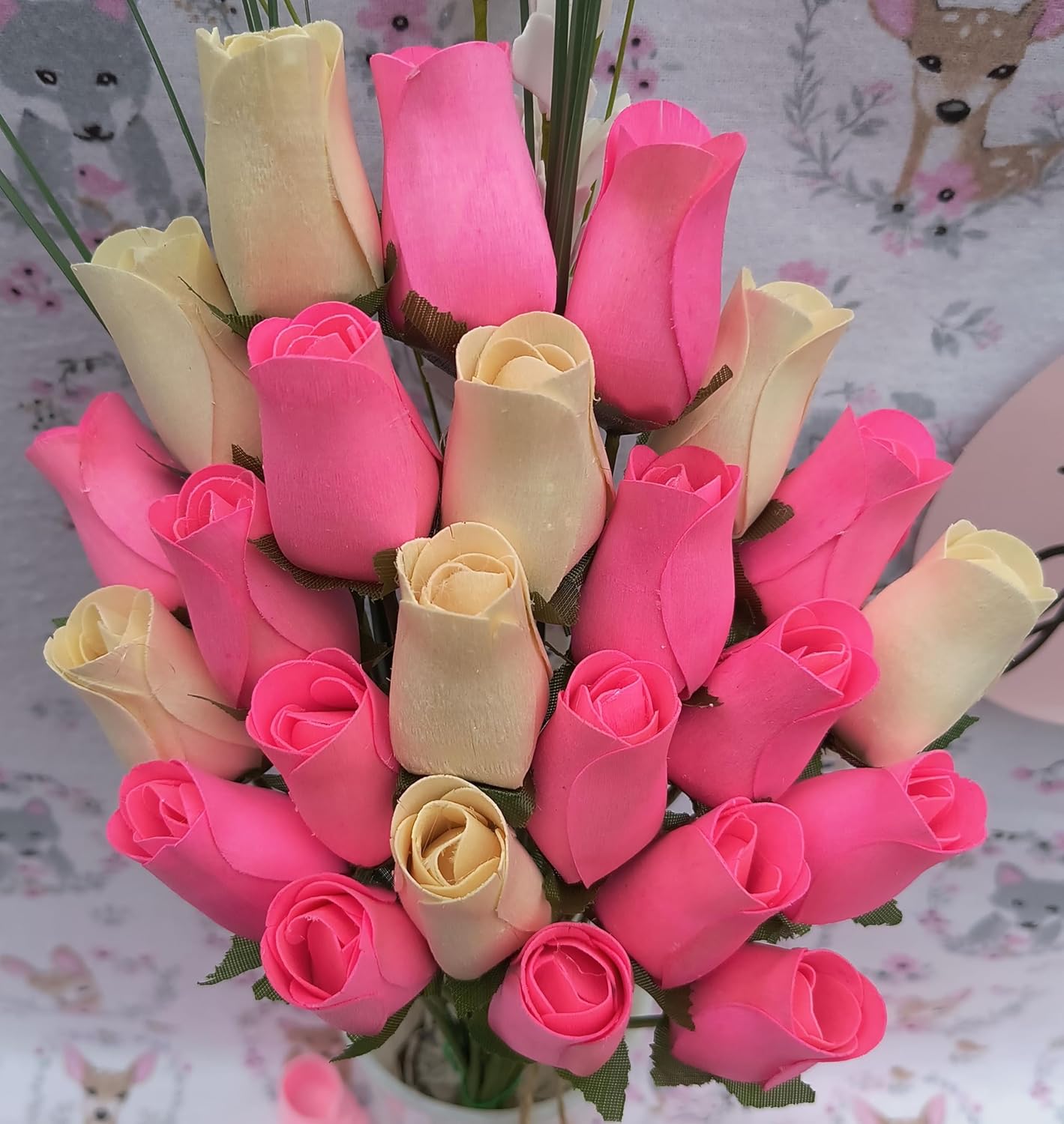 It’s A Girl Light Pink, and White Wooden Rose Flower Bouquet Closed Bud (2 Dozen)