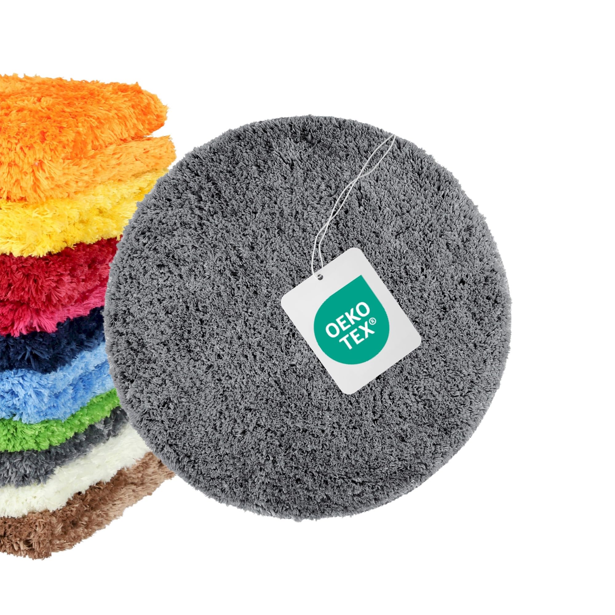 Tappeto bagno rotondo Ø 56 cm, microfibra shaggy a pelo lungo, grigio, antiscivolo e assorbente, lavabile in lavatrice 30°C e asciugabile a bassa temperatura, adatto a riscaldamento a pavimento