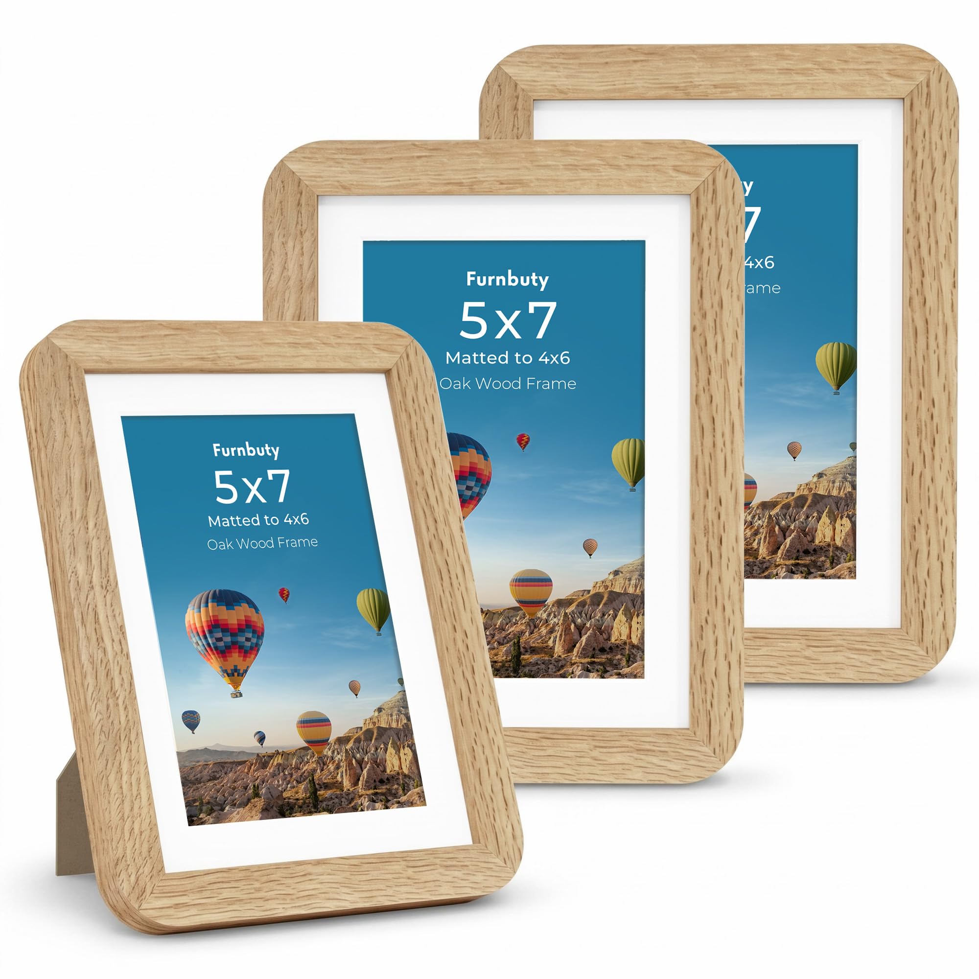 5x7 Picture Frames Set of 3, Oak Photo 5 x 7 Picture Frame Handcrafted Rounded Corner, 7x5 Photo Frame with Mount for 6x4 Photo, Wall & Tabletop Picture Frames Display with Acrylic Glass for Home โ image 1