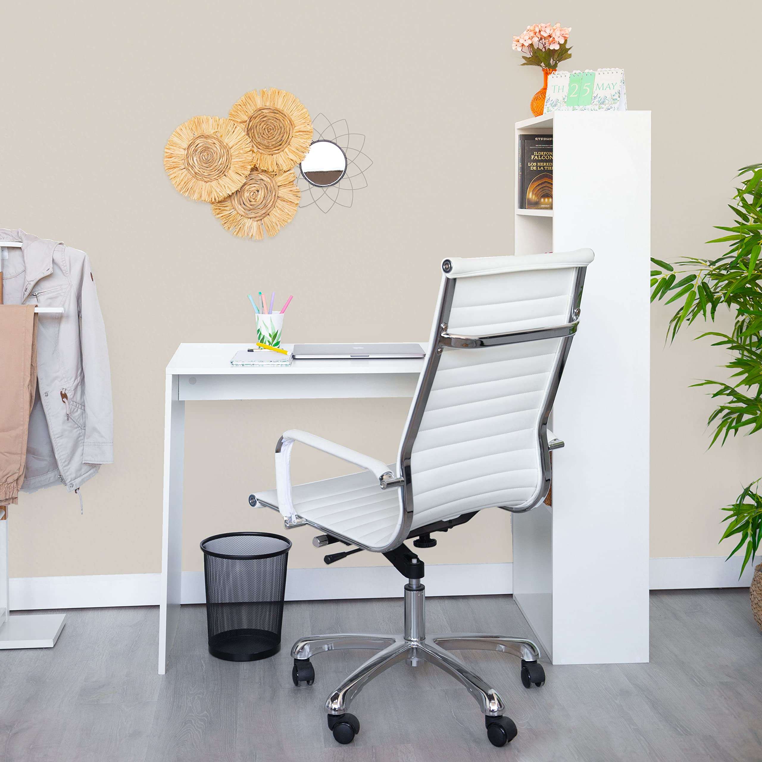 duehome | Escritorio Juvenil con Estanteria Reversible, Mesa de Ordenador, Modelo Qanik, Acabado en Blanco, Medidas: 122,5 cm (Largo) x 49,5 cm (Ancho) x 140 cm (Alto)