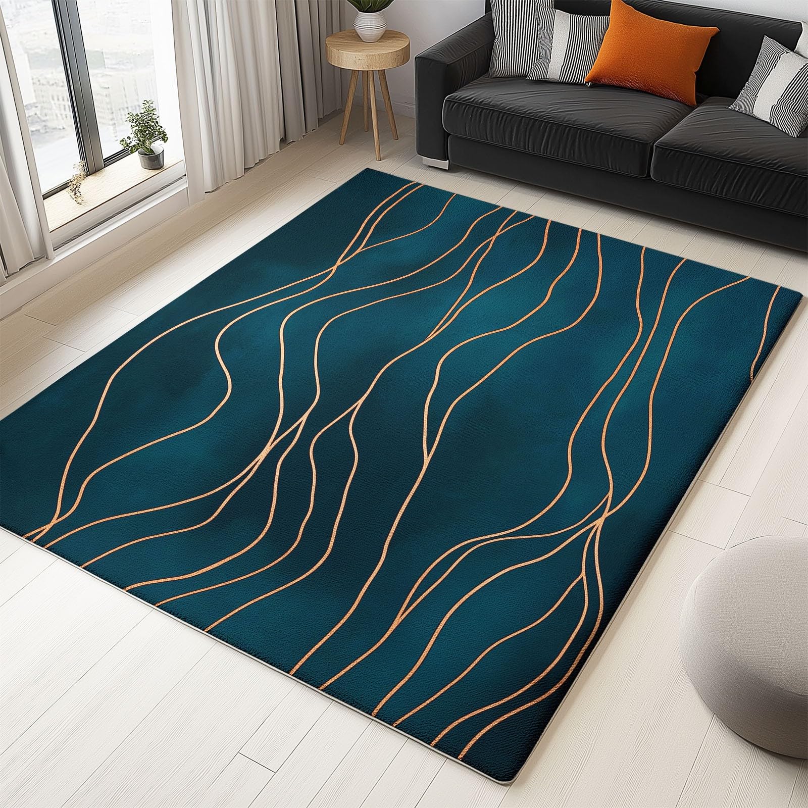 Tapis Moelleux de Salon Moelleux Lignes ondulées dorées Modèle adaptés à la Chambre à Coucher des Enfants décor à la Maison de la Chambre à Coucher intérieure Tapis (Bleu canard foncé 160 x 230cm)