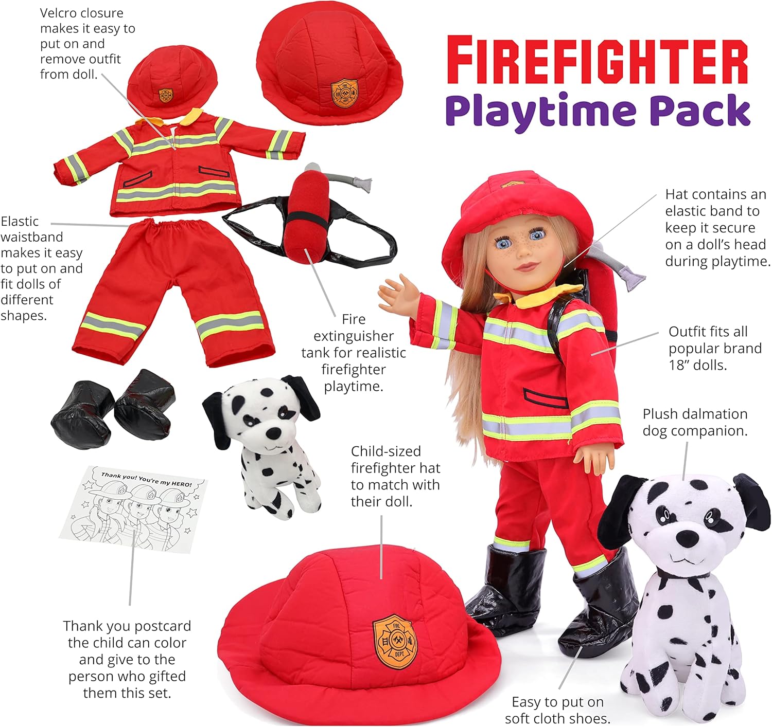 Playtime by Eimmie 18 Inch Doll Clothes - Firefighter Outfit, Matching Hat & Pet Dog Accessories Set - Outfits Fit American, Generation & Similar 18” Girls Dolls - Clothing Sets & Stuff for My Doll