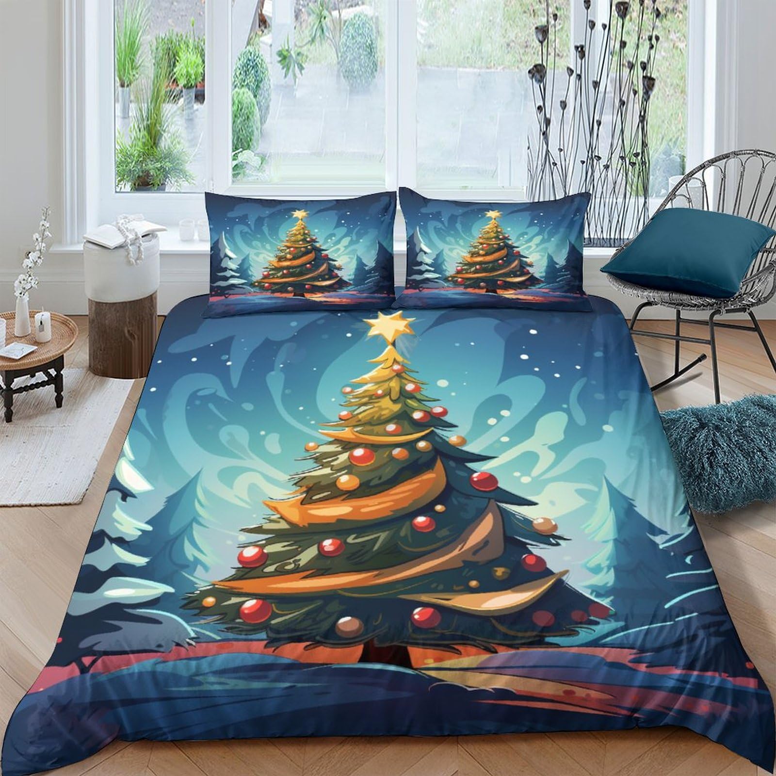 Parure de lit 3 pièces sapins de Noël 220 x 240 cm, idée cadeau linge de lit douillet