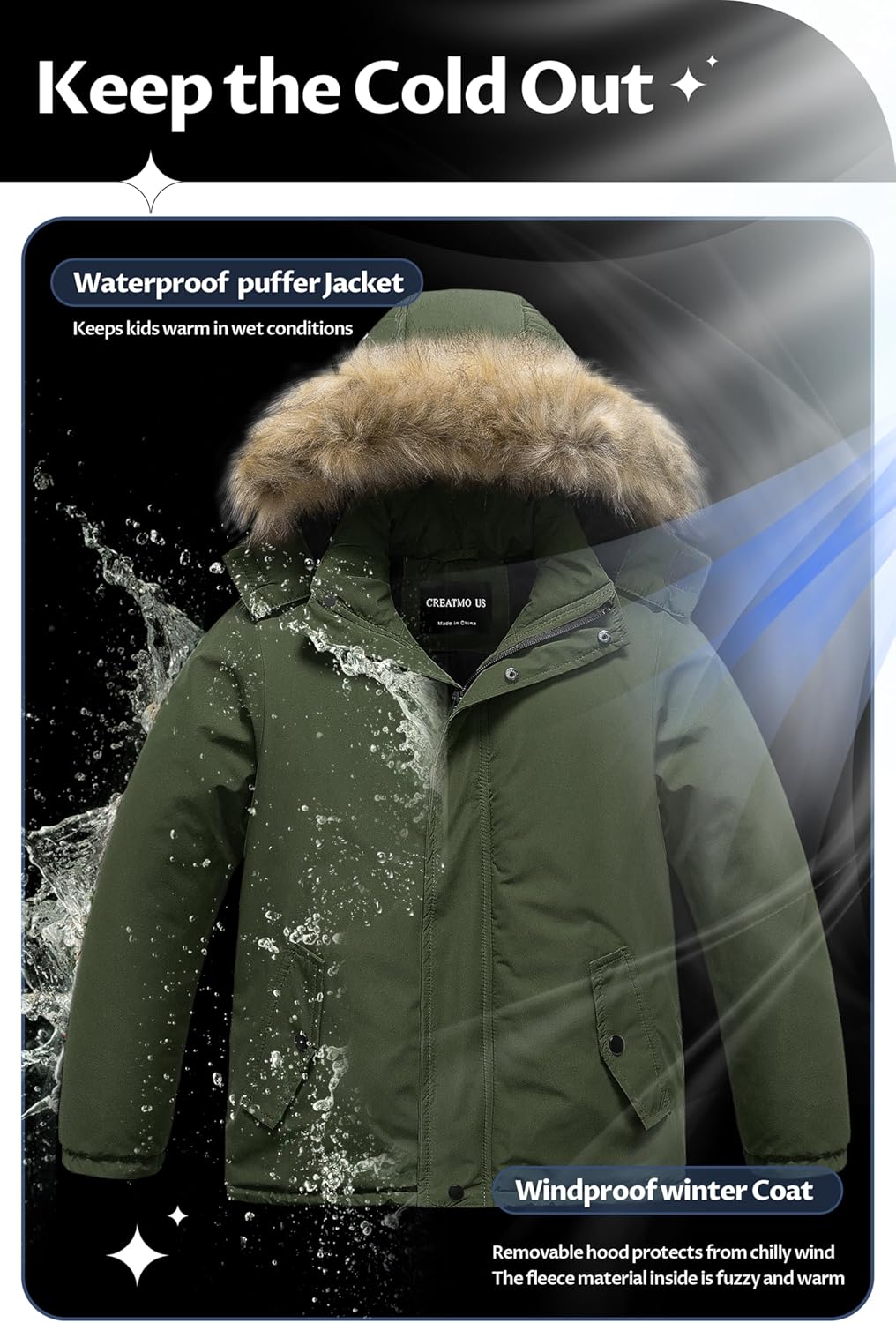 CREATMO US Boys' Waterproof Snow Coat Parka Windproof Winter Jacket With Detachable Fleece Hood