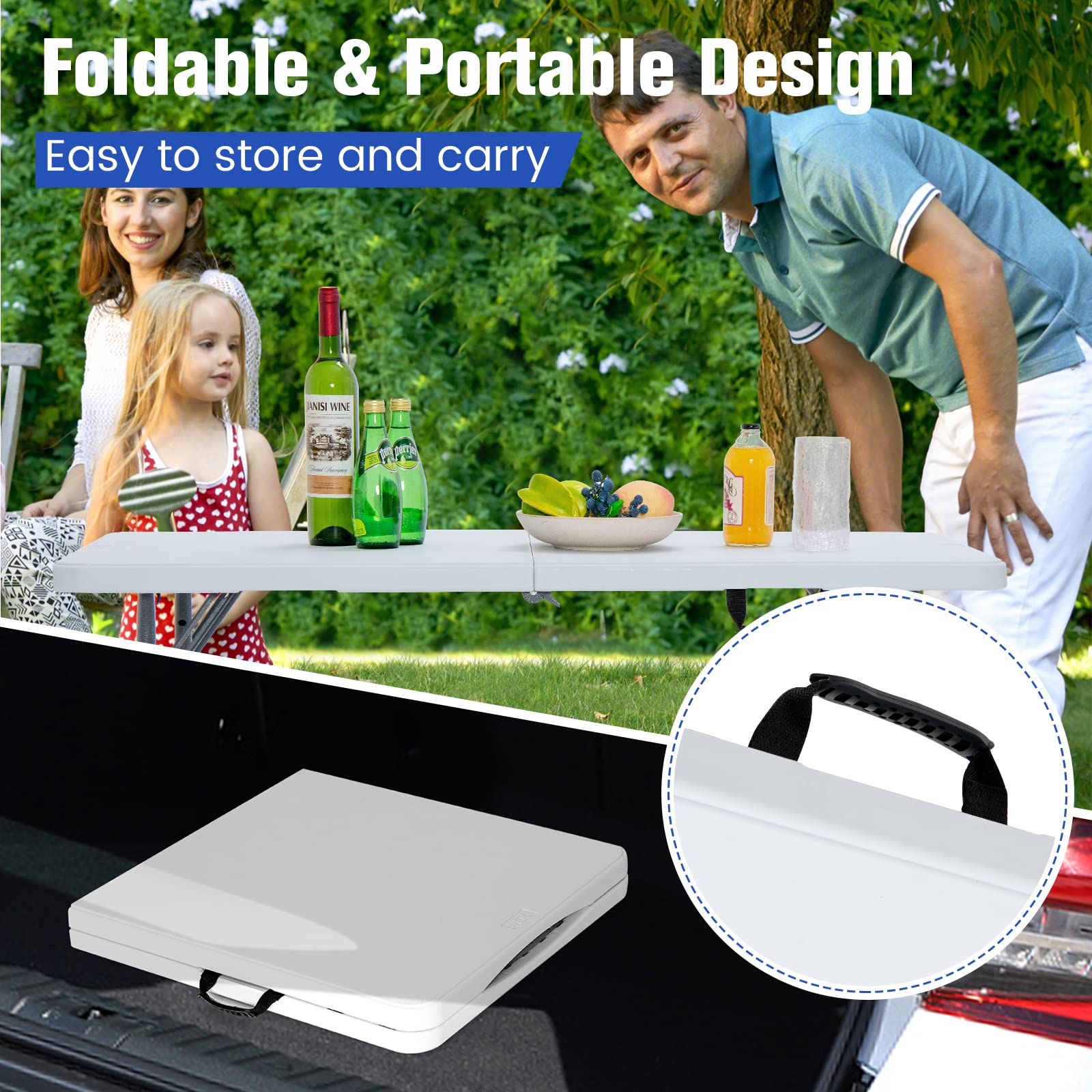 KOMFOTTEU Table De Camping Pliante Carrée HDPE 86x86 Cm - Charge 150 Kg - Blanche - Idéale Barbecue & Pique-Nique