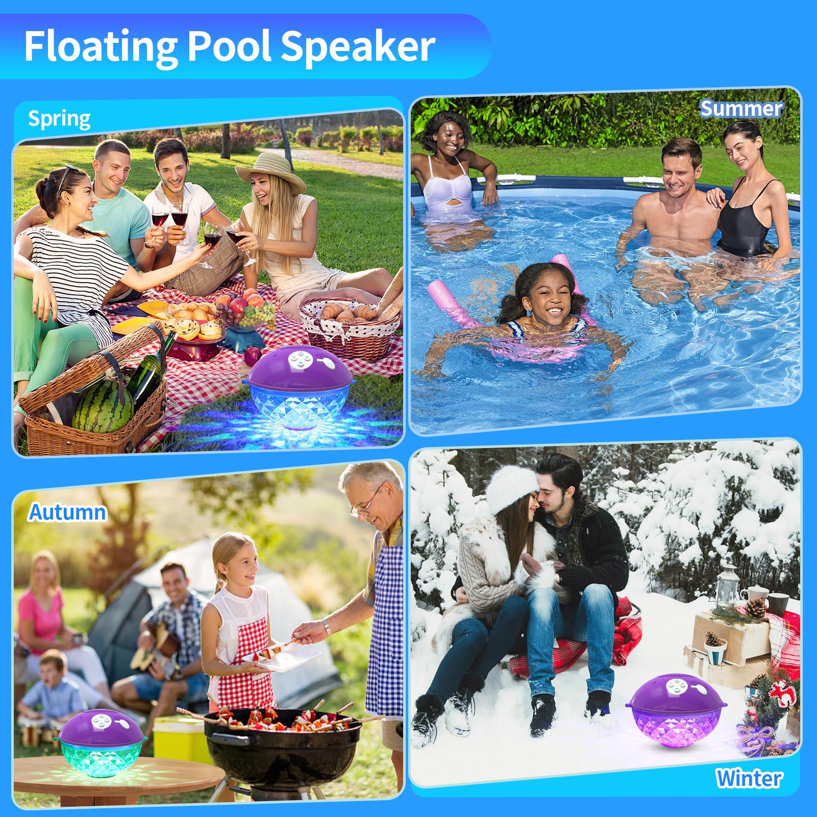 Altoparlanti galleggianti per piscina con luci colorate, altoparlante wireless Bluetooth per piscina galleggiante IP68 impermeabile, microfono integrato e suono cristallino altoparlante