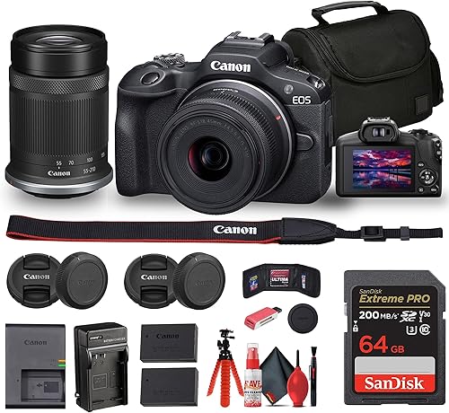 Canon Cámara sin espejo EOS R100 con kit de lentes de 0.709-1.772 in y 2.165-8.268 in (6052C022) + bolsa + tarjeta de 64 GB + batería LPE17 +