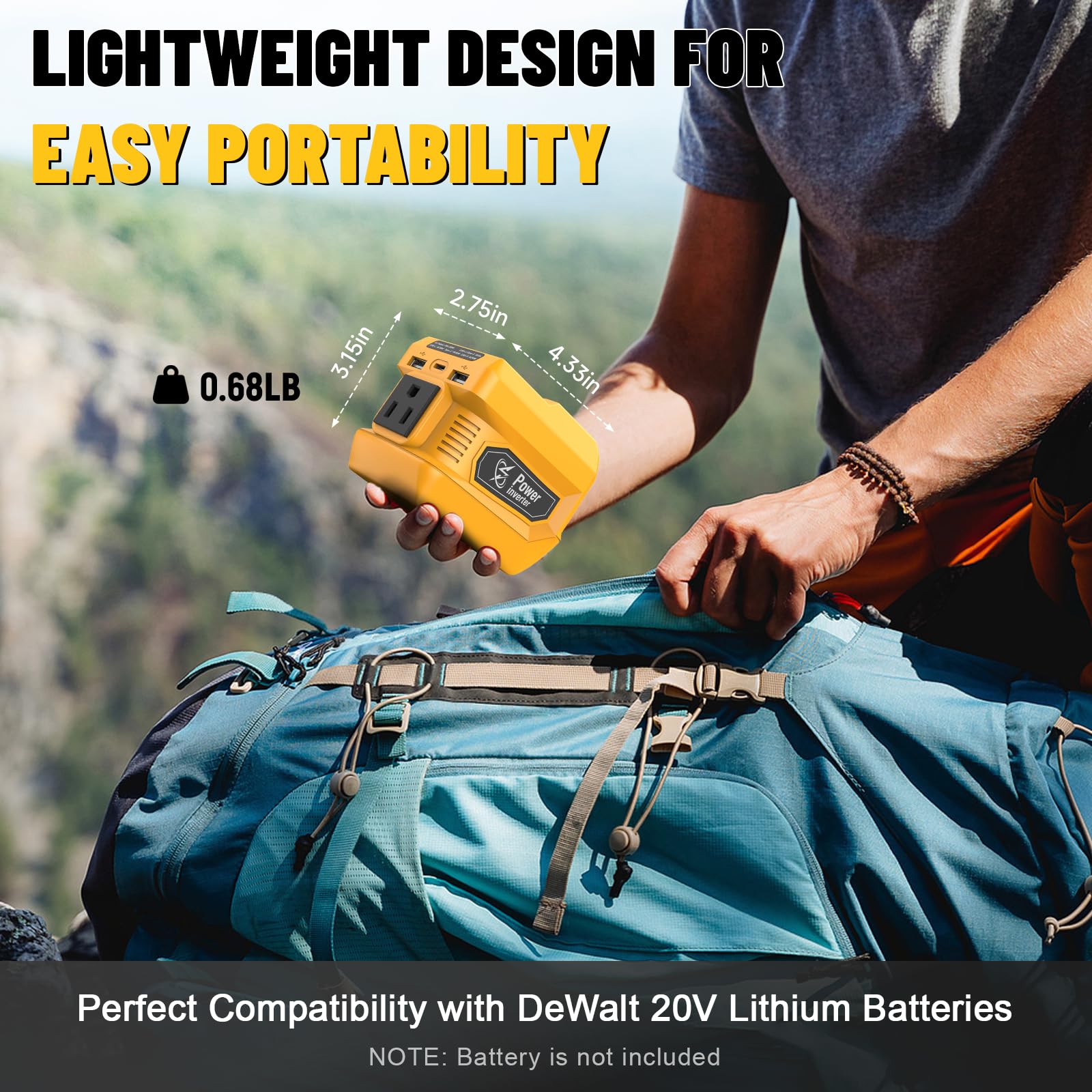Onduleur de 220 W compatible avec batterie De-walt 20 V, DC 20 V vers AC 110 V Station d'alimentation portable avec 1 prise CA, 2 ports USB et 1 charge rapide de type C, lampe de travail 400 LED