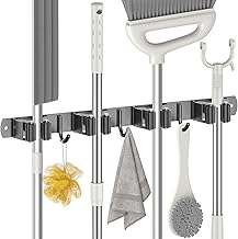 Radikor Porta Scope Parete, Portascope da Muro con 4 Supporti e 3 Ganci, Appendi Scope a Muro Autoadesivo, Appendiscope in Acciaio Inox Avvitabile, Ganci Porta Attrezzi da Giardino, Nero