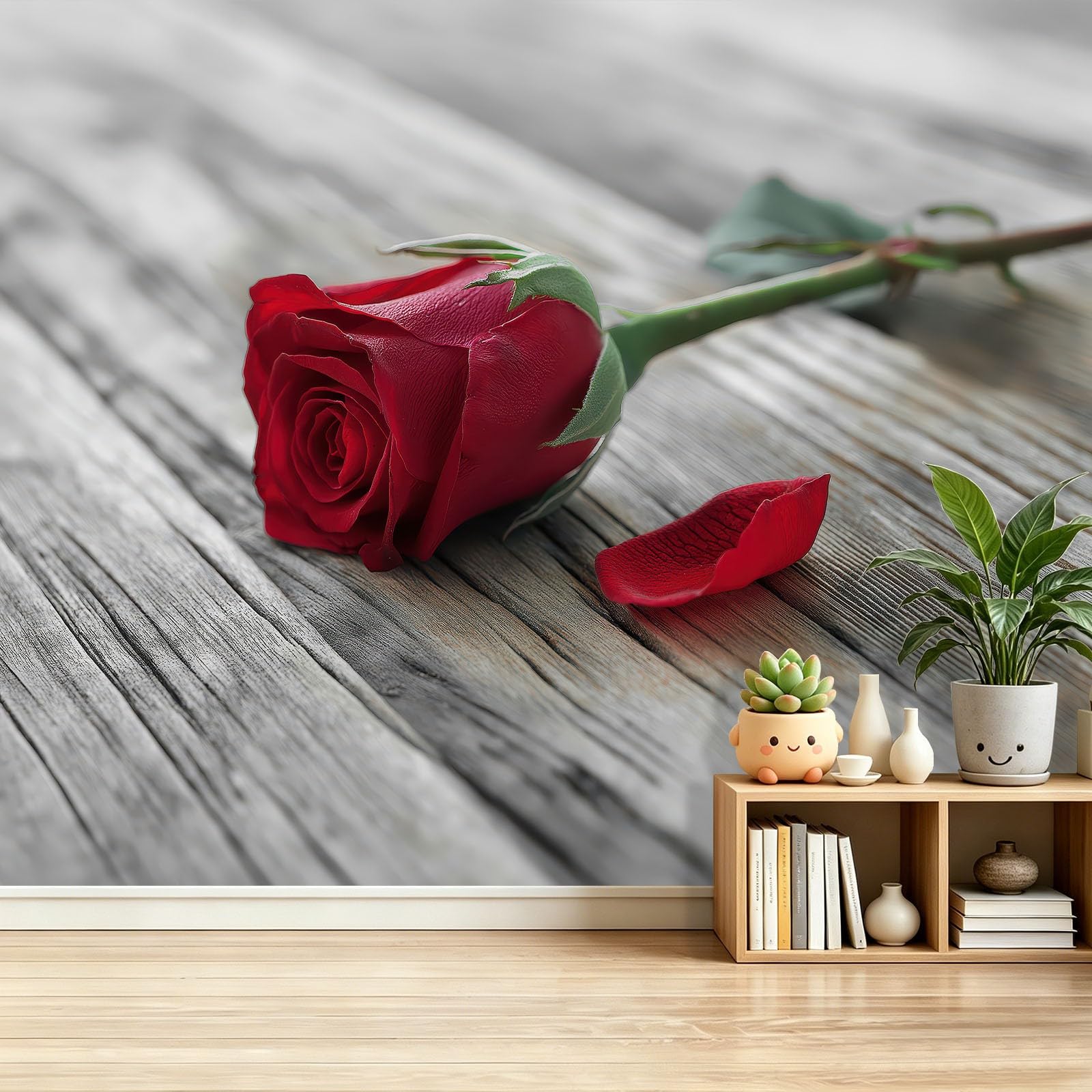 Poster mural intissé haut de gamme motif roses rouges et grain de bois gris moderne