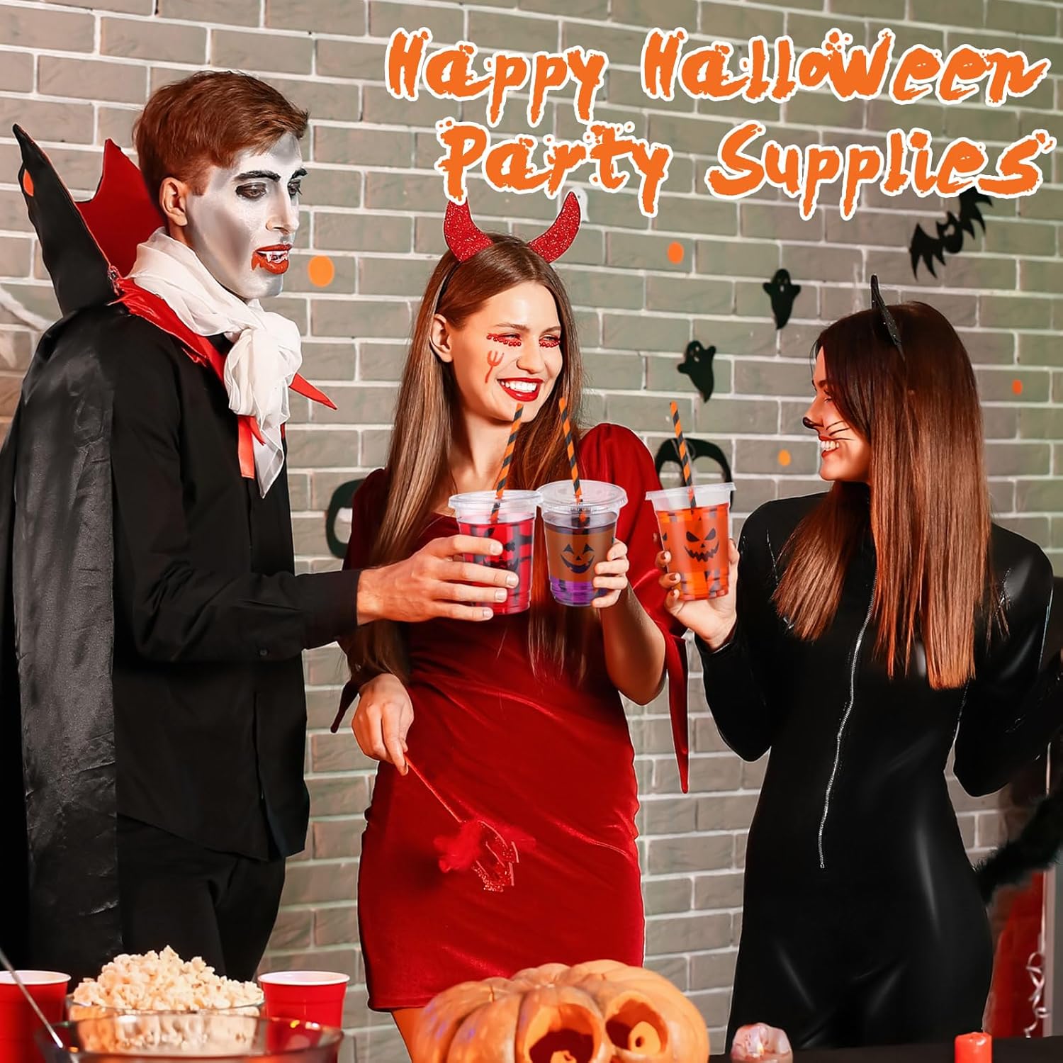 Yaomiao 300 Pcs 12 oz Halloween Plastic Cups with Lids and Straw Halloween Plastic Cup Disposable Clear Tumbler Whiskey Tumbler Black White Emoticons Witch Drinking Set for Party Supply - Image 5