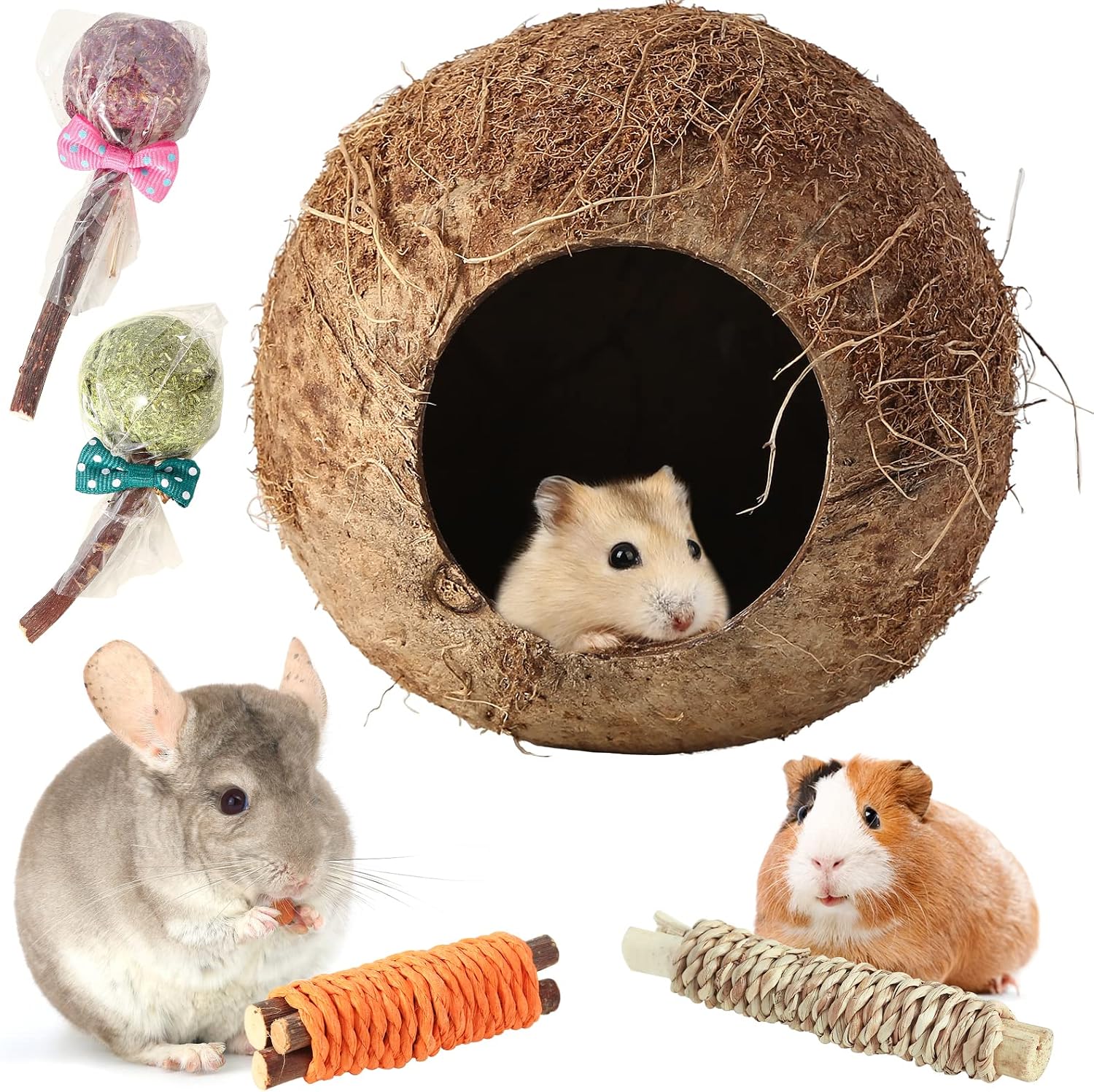 HWONMTE Hamster Coconut House and Hideout Bed Hamsters Chew Toys Gerbils Mice Rat Chinchillas Exercise Accessories for Small Animal…