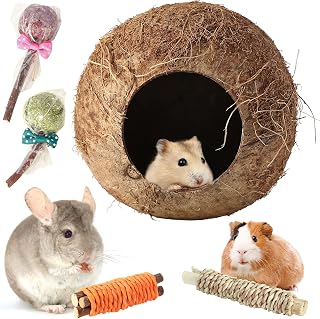 Hamster Coconut House and Hideout Bed Hamsters Chew Toys Gerbils Mice Rat Chinchillas Exercise Accessories for Small Animal Chewing and Teeth Care (4 Pack)
