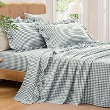 Andency Blue Queen Cotton Gingham Sheets Set, Soft Breathable 100% Washed Cotton Plaid Ruffle Sheet for Queen Size Bed, 4 Pieces Classic Aesthetic Shabby Chic Farmhouse Room Decor Bedding Set