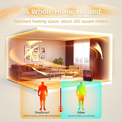 Miniatura 4 de RealSmart Pequeña chimenea eléctrica de 1500 W, calentador portátil para uso en interiores, 4 modos ajustables, mini chimenea de cerámica 3D,